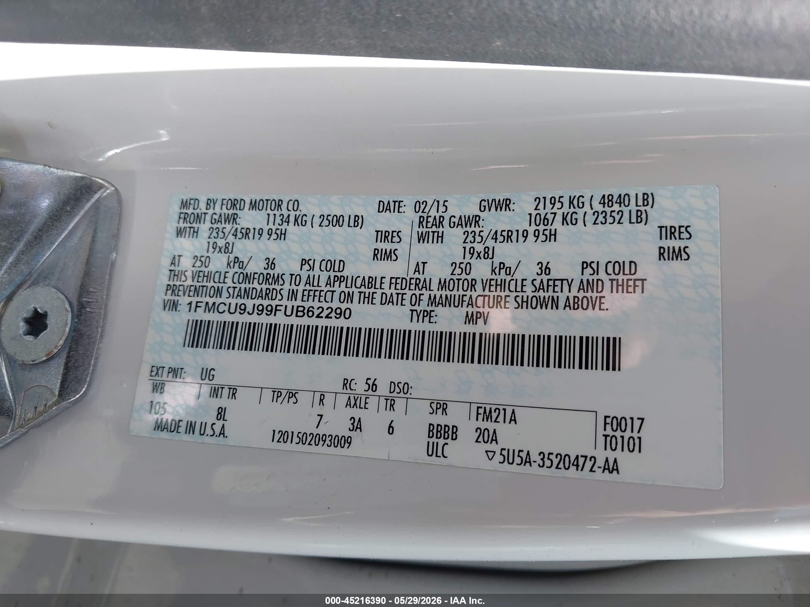 2015 Ford Escape Titanium White vin: 1FMCU9J99FUB62290