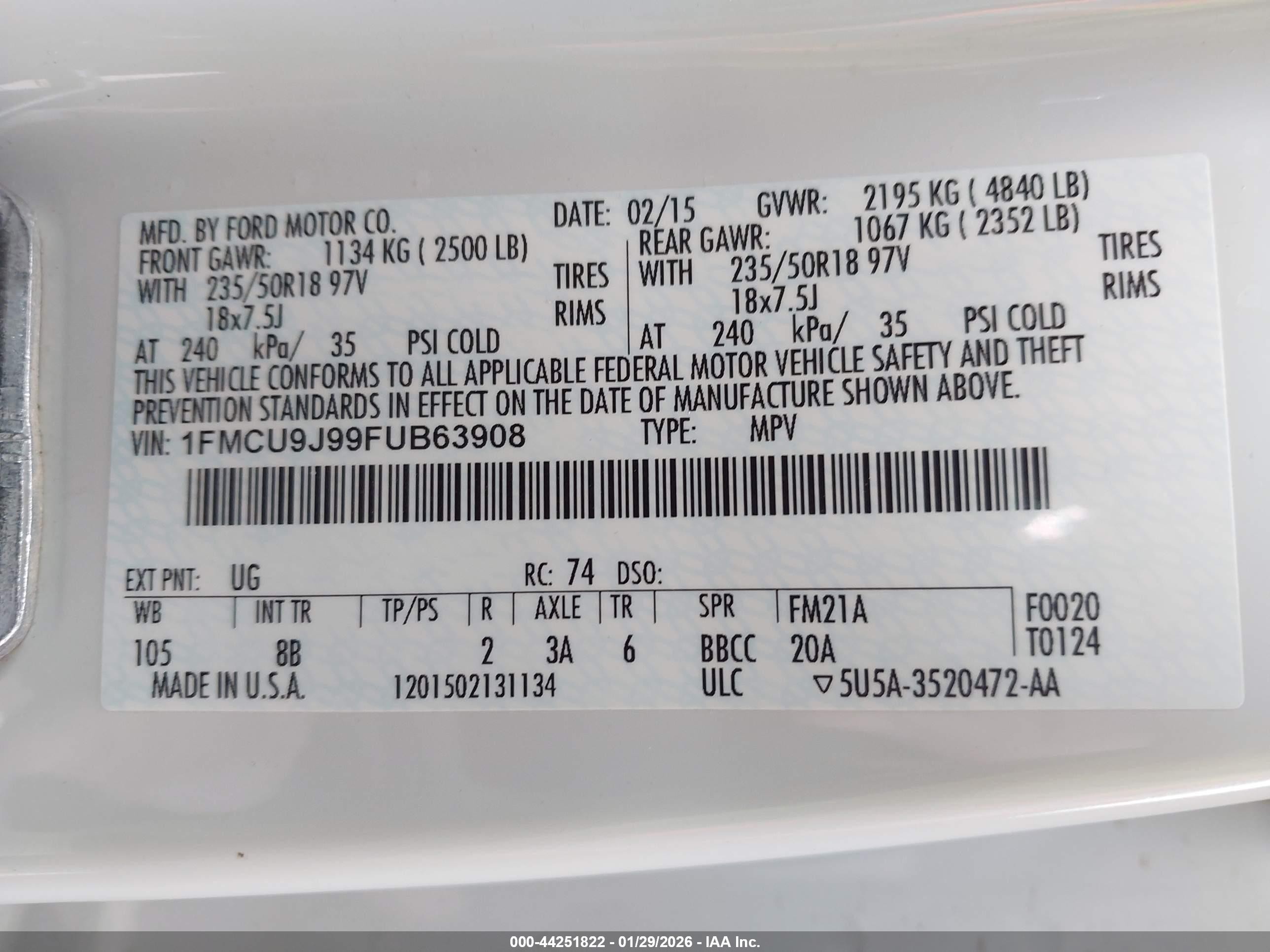 2015 Ford Escape Titanium White vin: 1FMCU9J99FUB63908