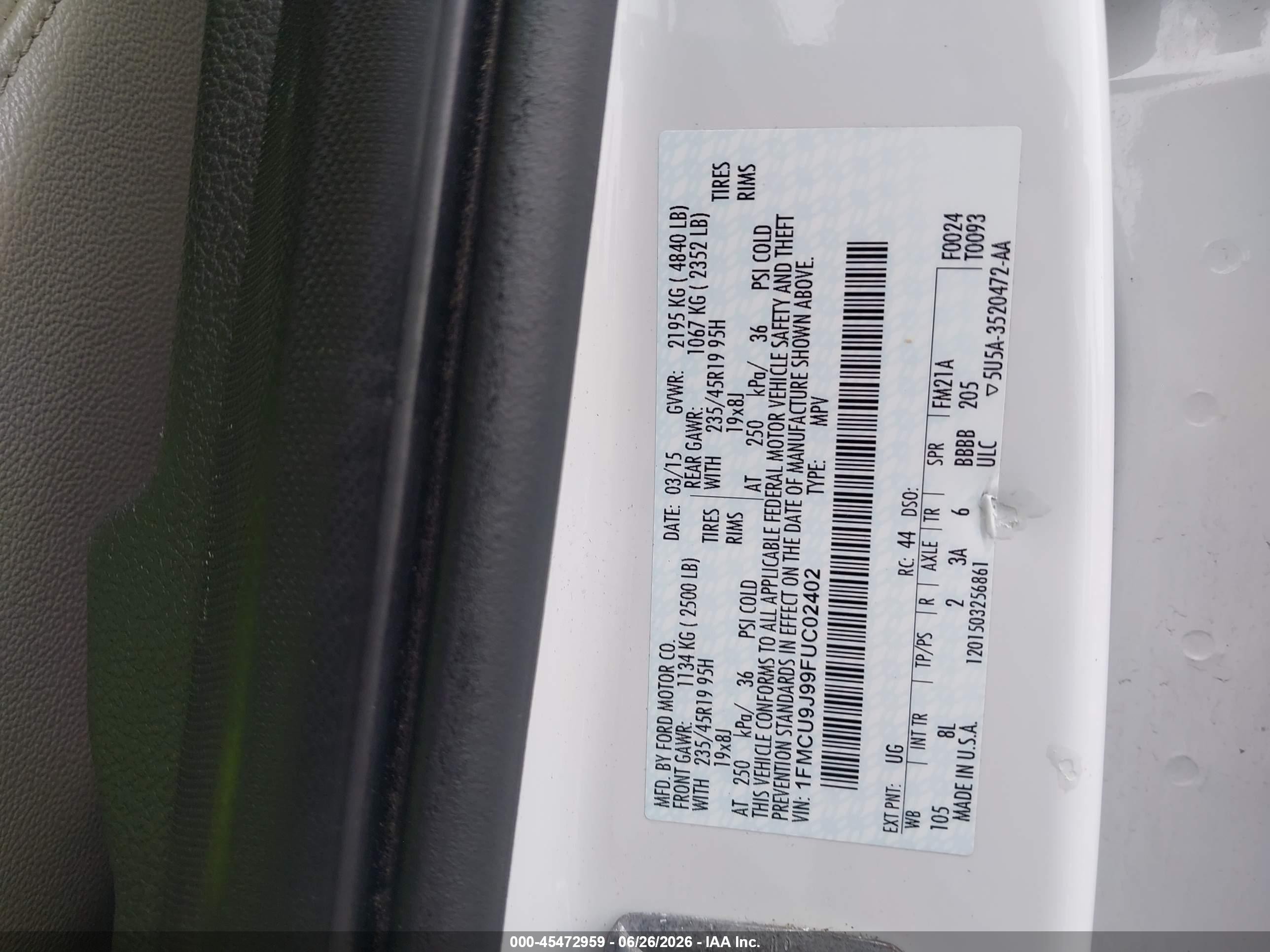 2015 Ford Escape Titanium Белый vin: 1FMCU9J99FUC02402