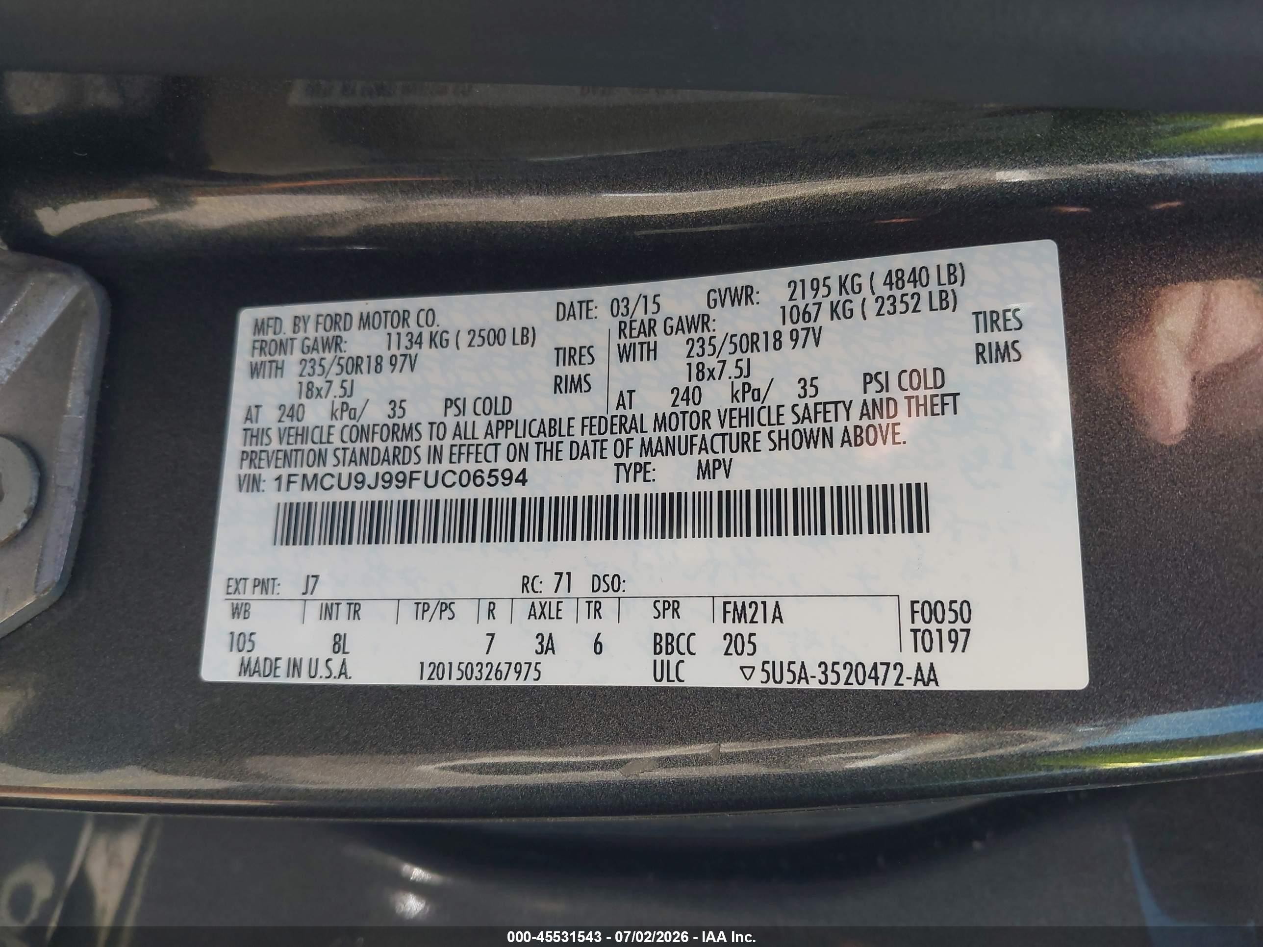 2015 Ford Escape Titanium Gray vin: 1FMCU9J99FUC06594