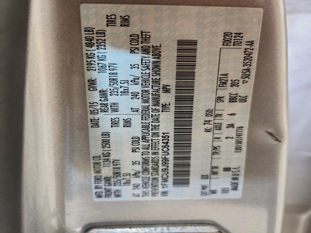 2015 Ford Escape Titanium Silver vin: 1FMCU9J99FUC64351