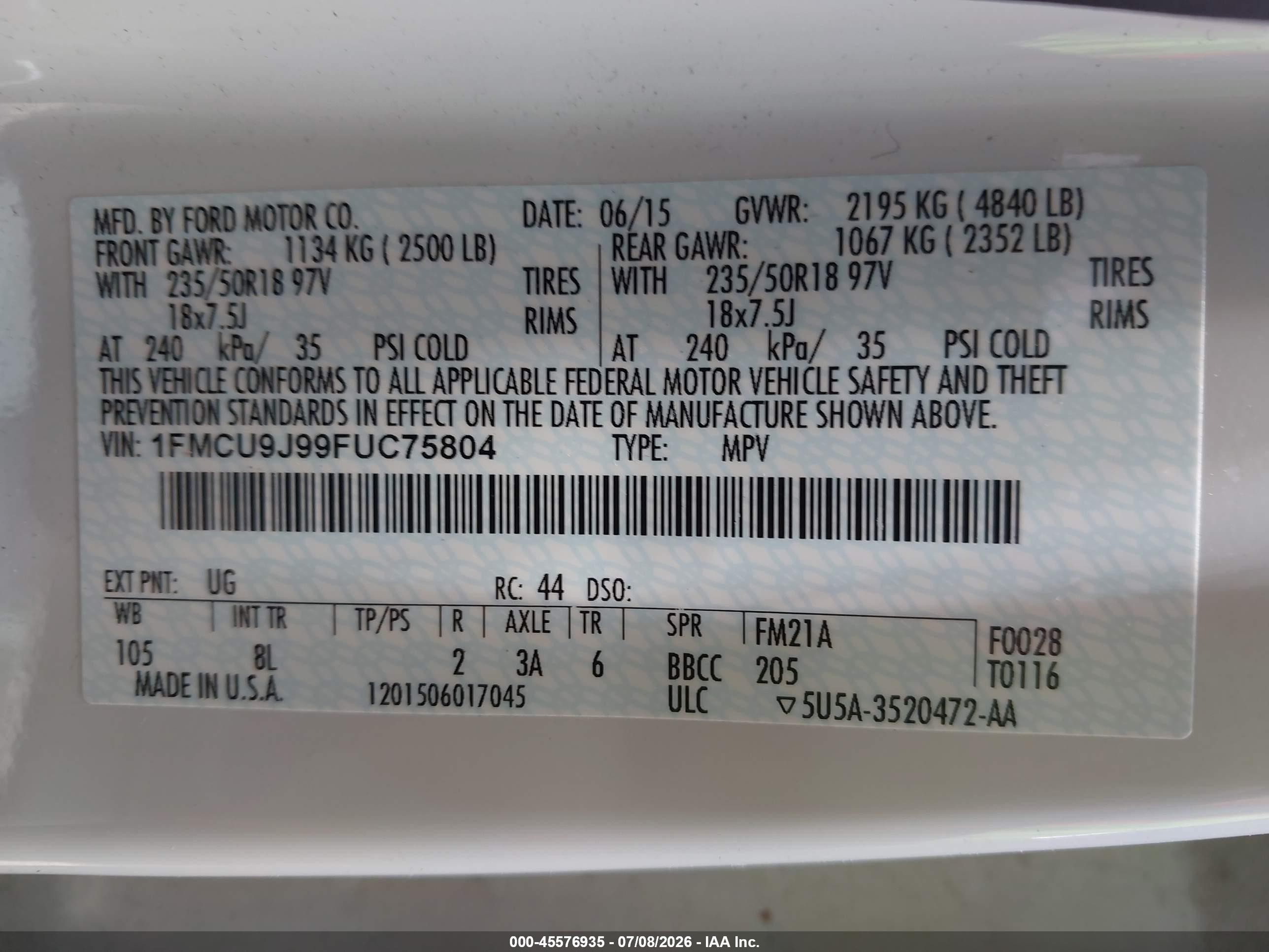 2015 Ford Escape Titanium White vin: 1FMCU9J99FUC75804