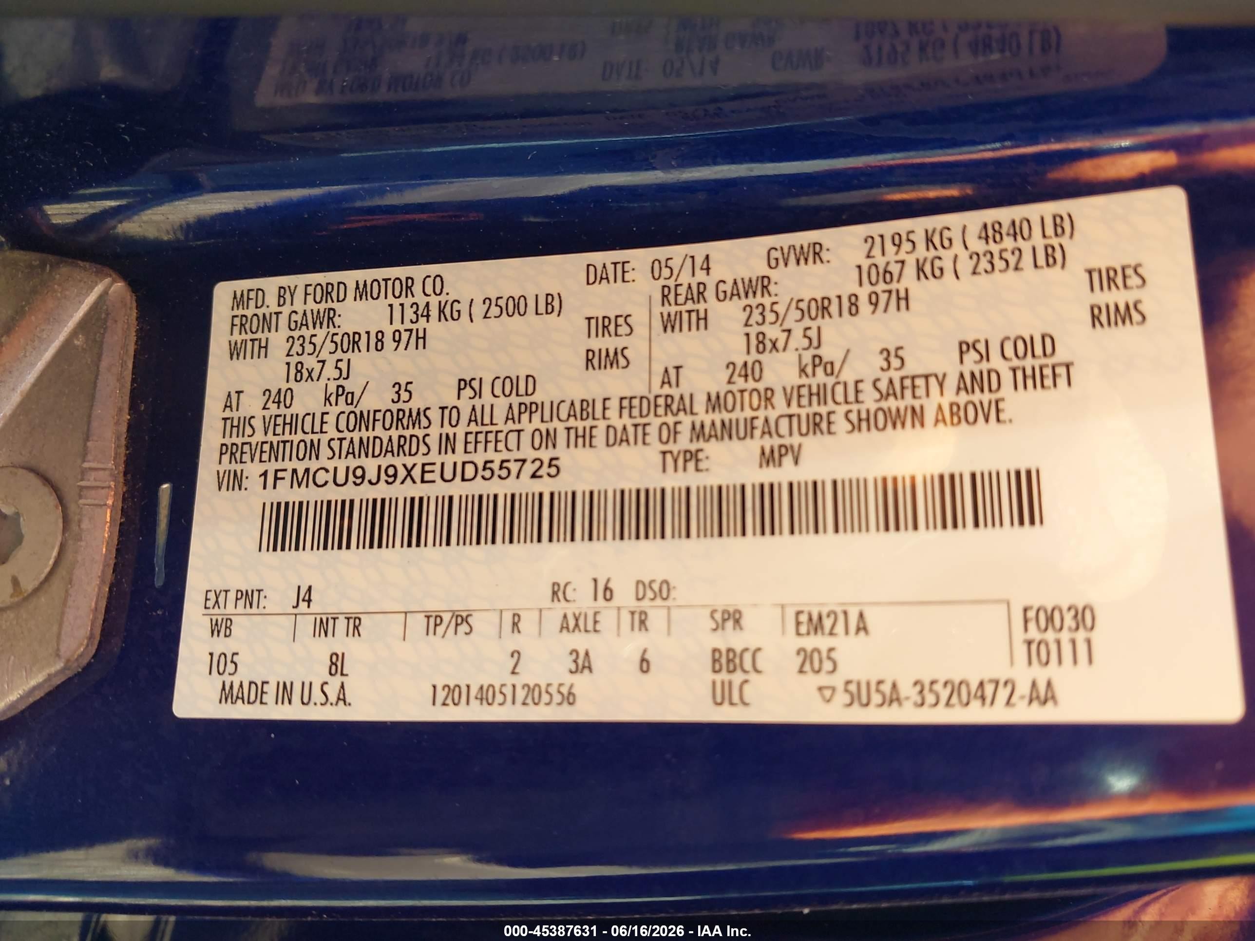 2014 Ford Escape Titanium Blue vin: 1FMCU9J9XEUD55725
