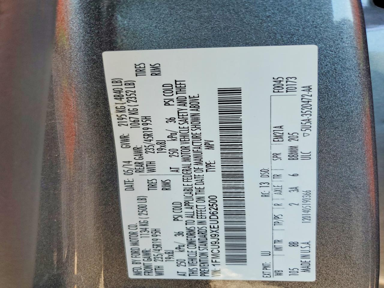 2014 Ford Escape Titanium Gray vin: 1FMCU9J9XEUD62500