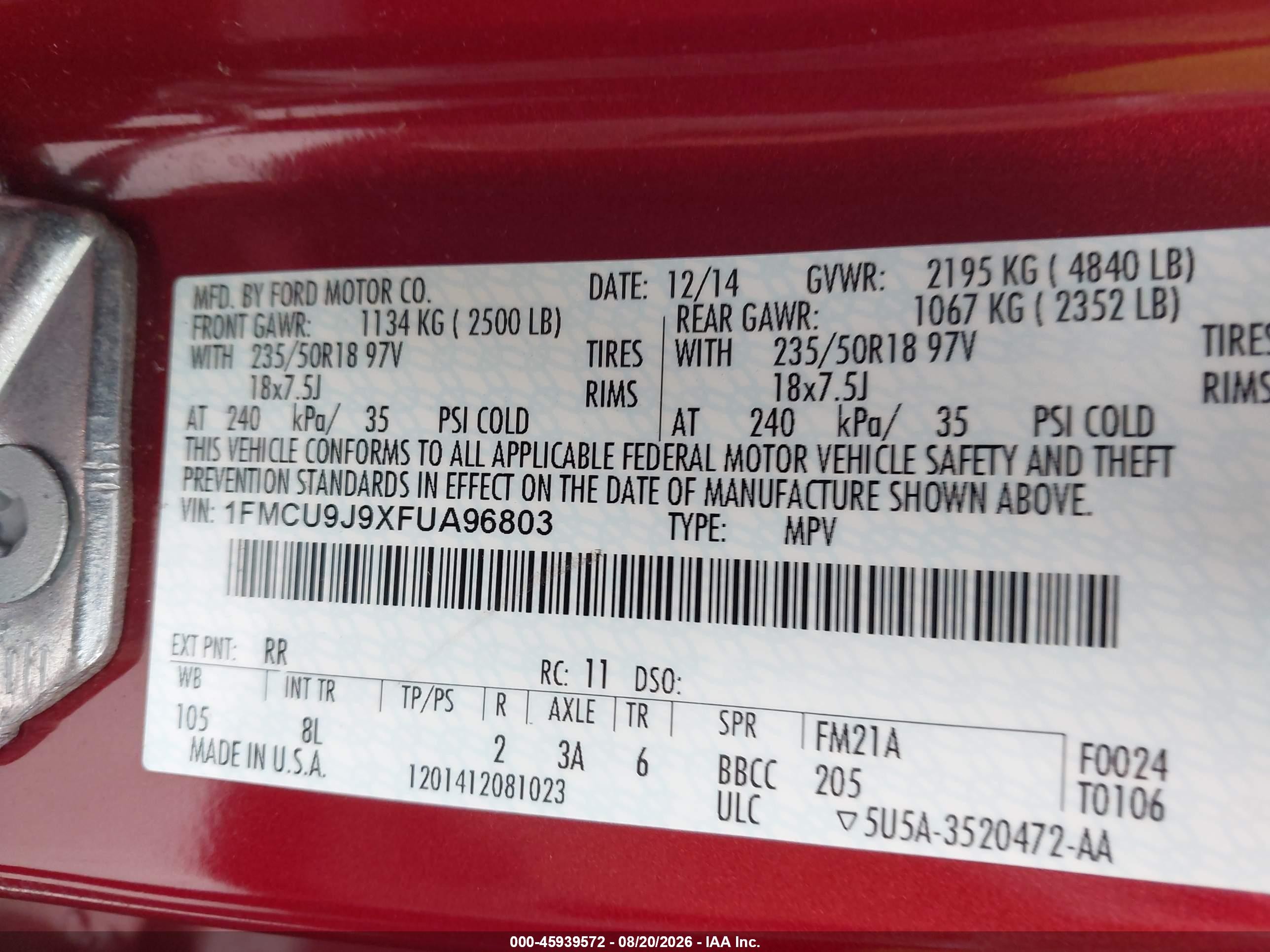 2015 Ford Escape Titanium Burgundy vin: 1FMCU9J9XFUA96803
