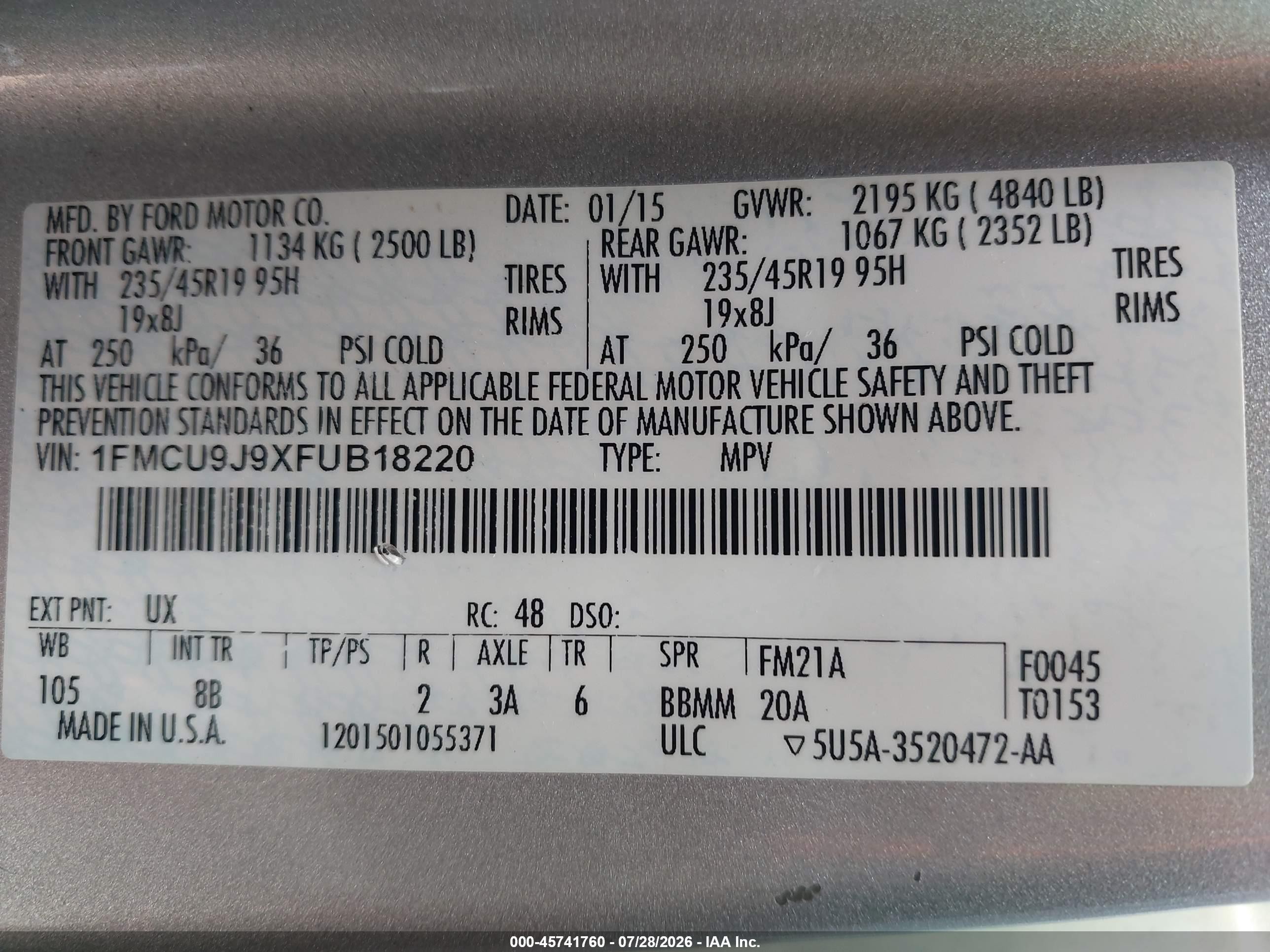 2015 Ford Escape Titanium Silver vin: 1FMCU9J9XFUB18220