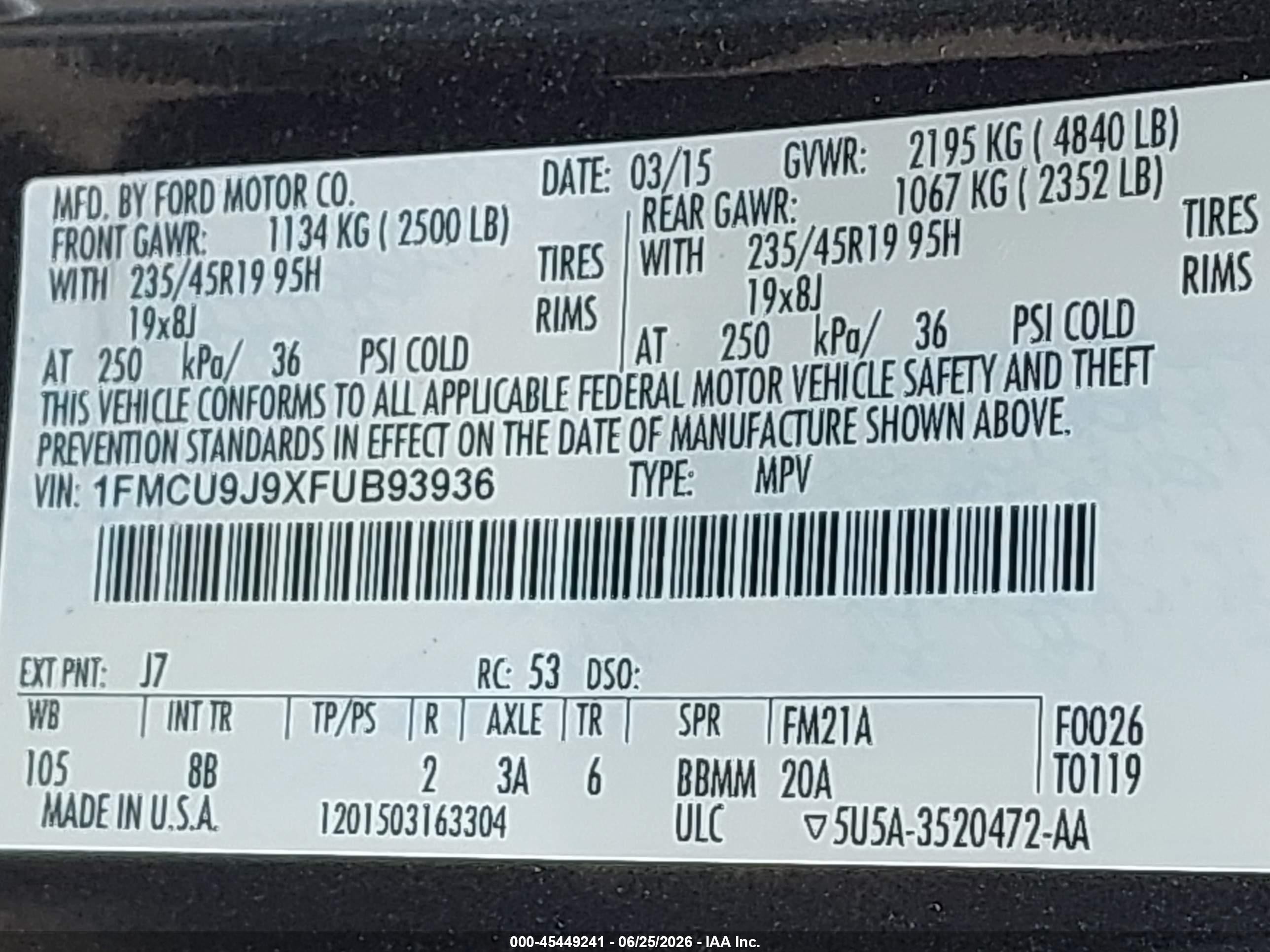 2015 Ford Escape Titanium Gray vin: 1FMCU9J9XFUB93936