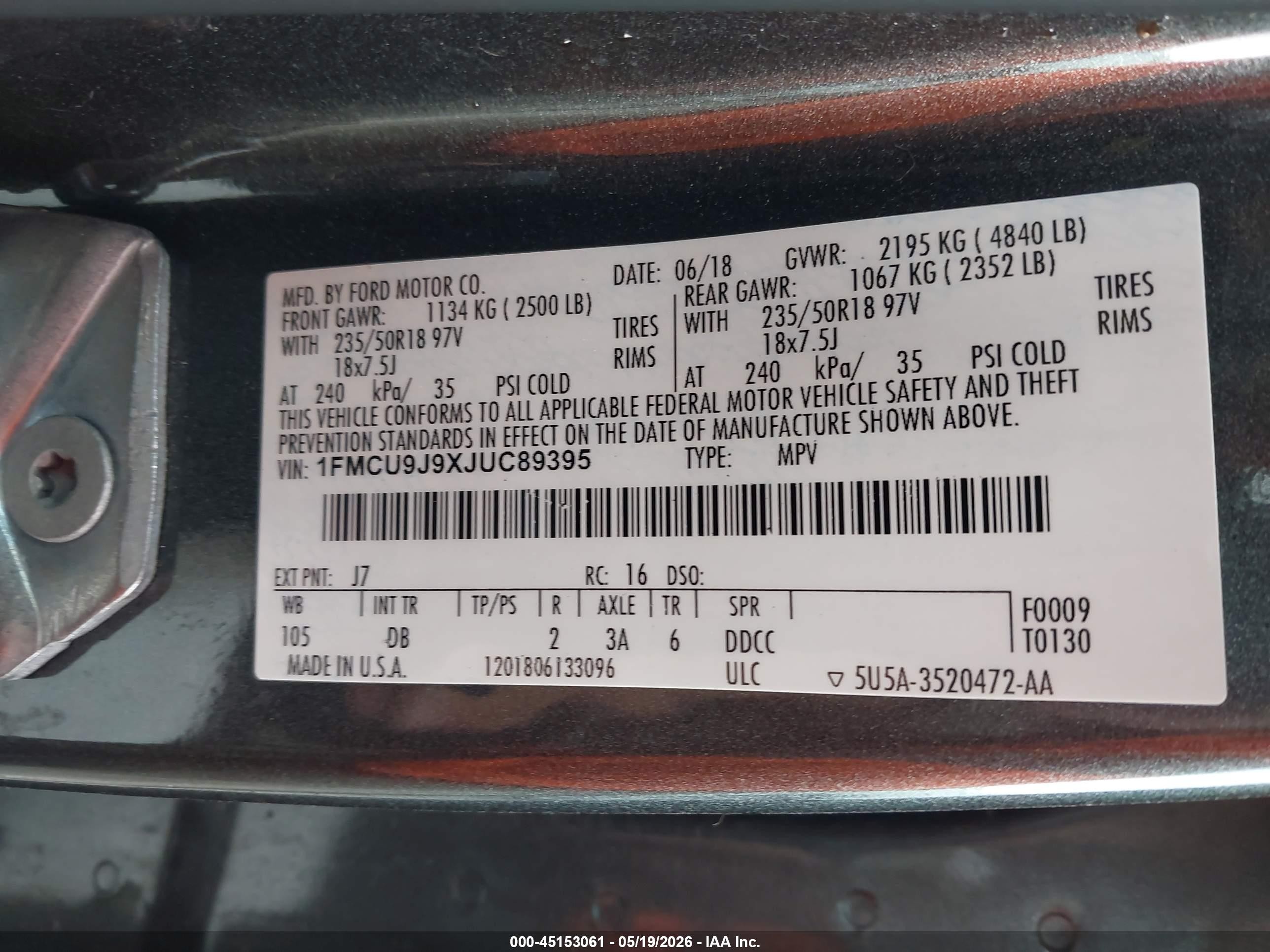2018 Ford Escape Titanium Серый vin: 1FMCU9J9XJUC89395