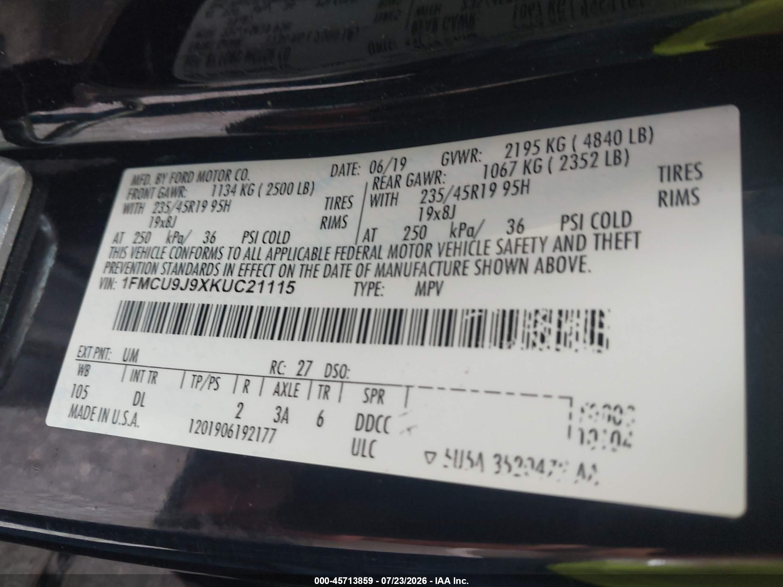 2019 Ford Escape Titanium Black vin: 1FMCU9J9XKUC21115