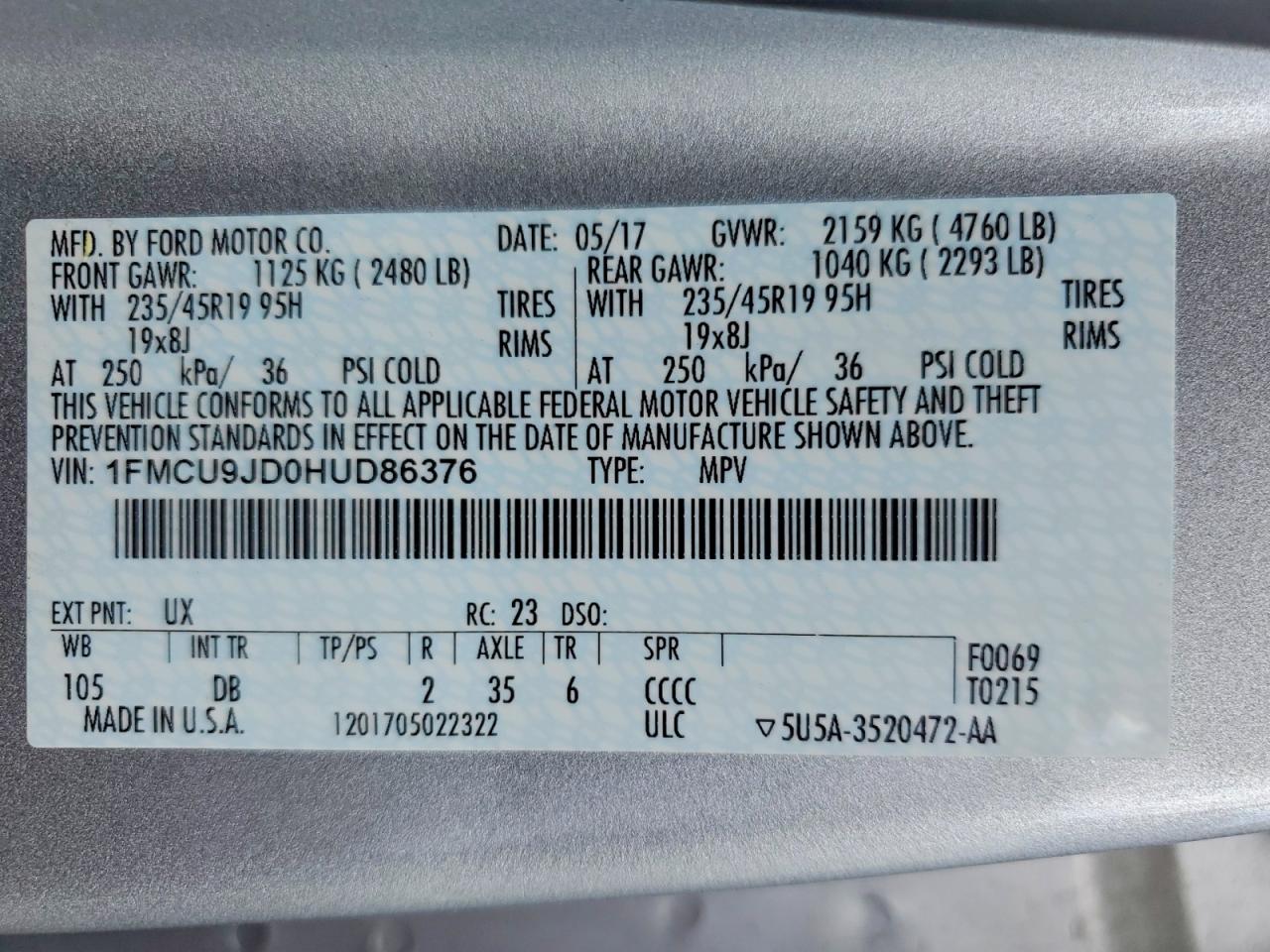 2017 Ford Escape Titanium Silver vin: 1FMCU9JD0HUD86376