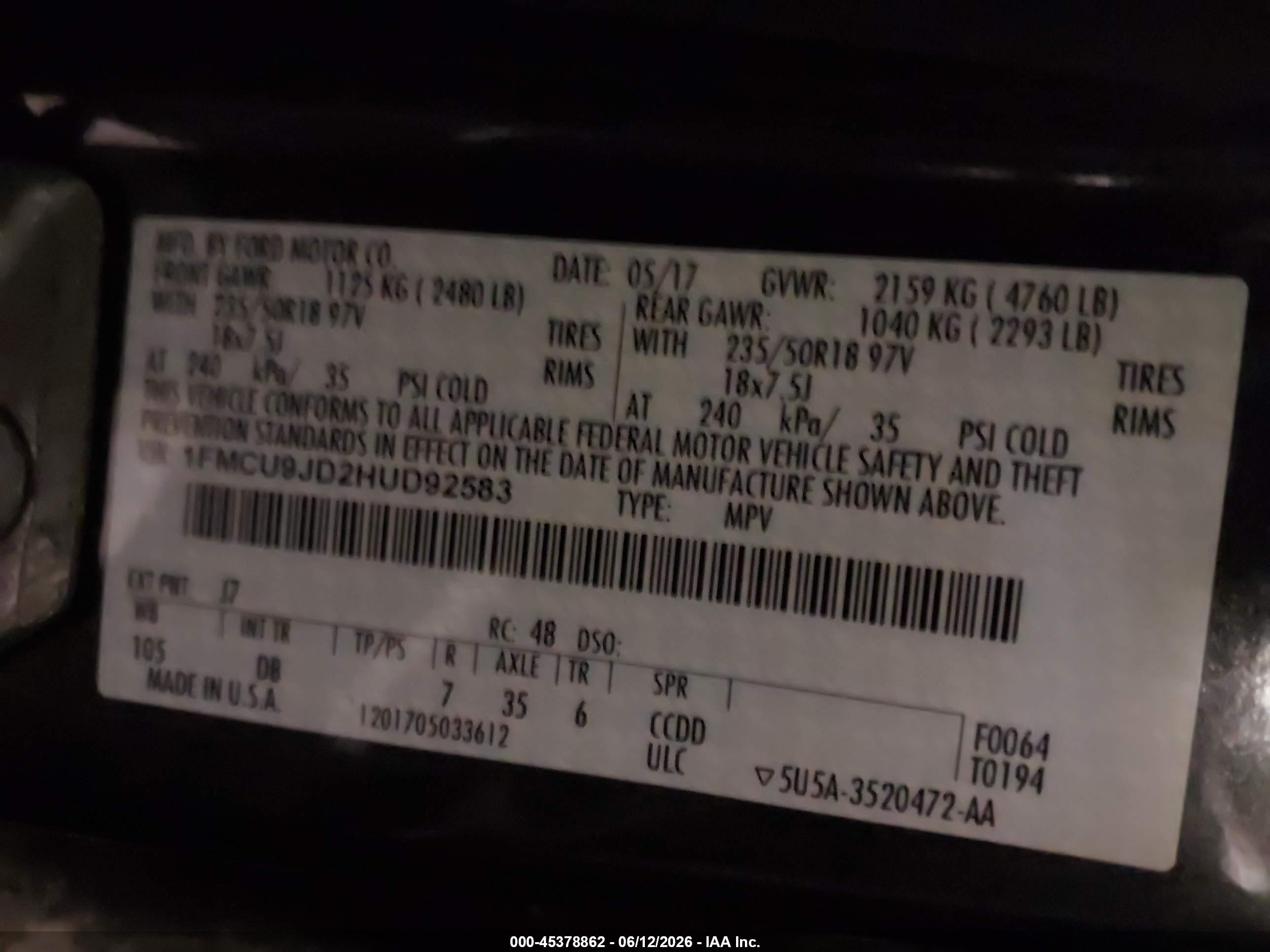 2017 Ford Escape Titanium Gray vin: 1FMCU9JD2HUD92583