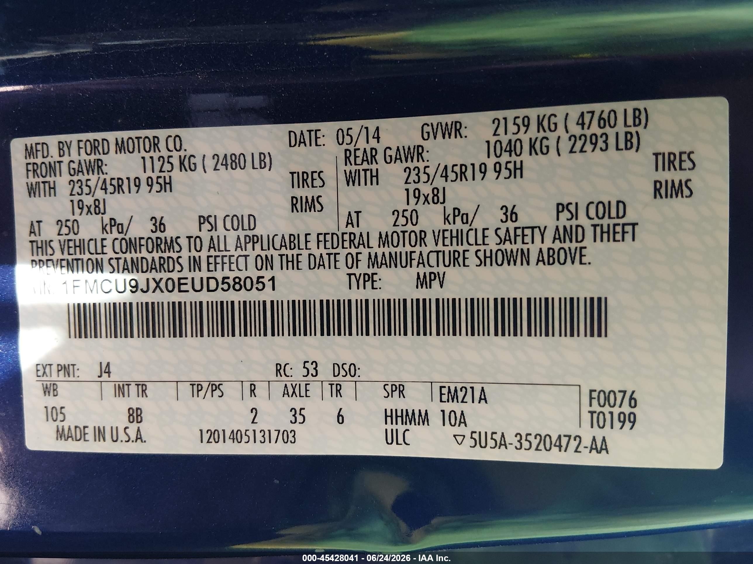 2014 Ford Escape Titanium Blue vin: 1FMCU9JX0EUD58051
