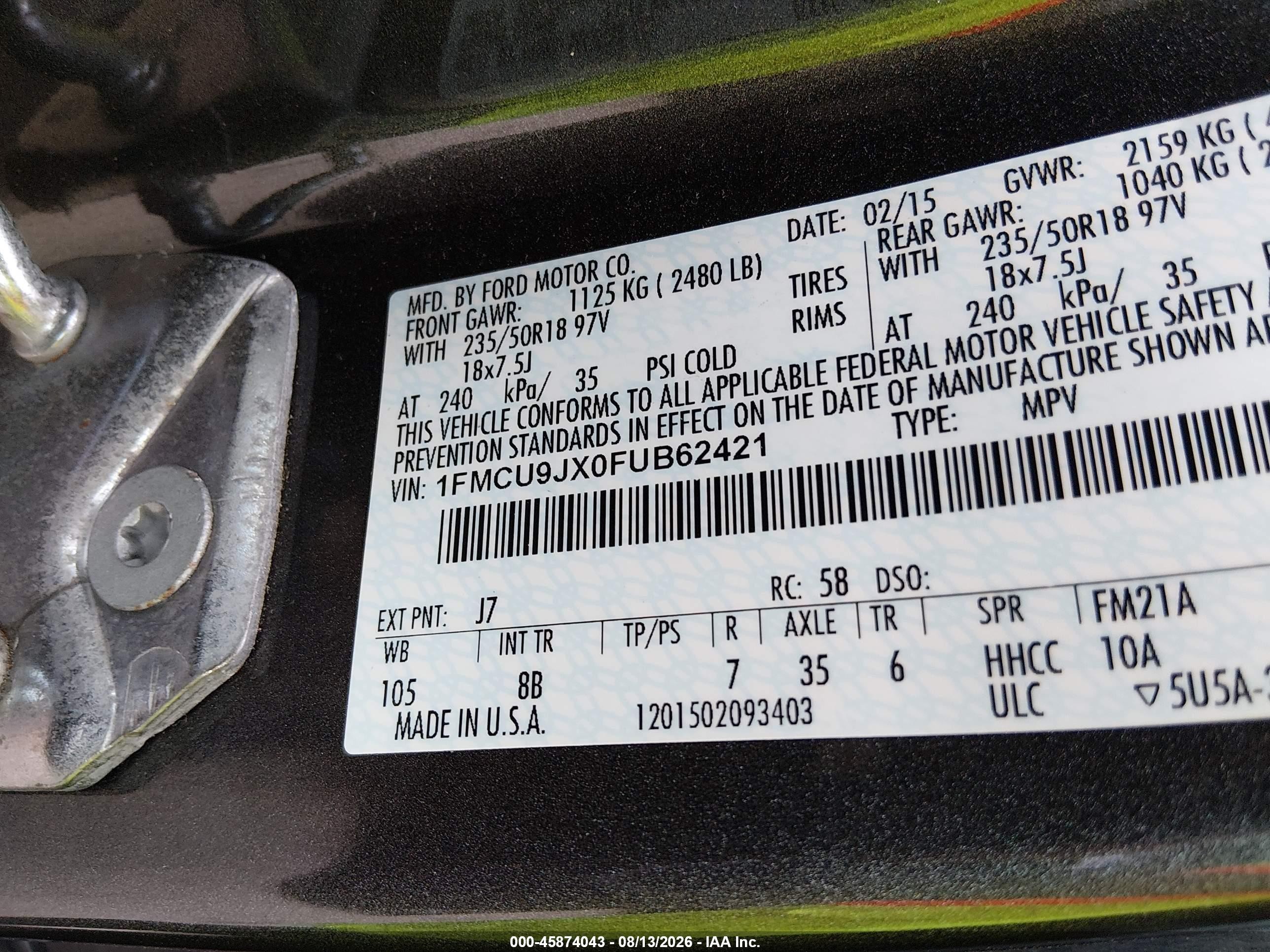 2015 Ford Escape Titanium Gray vin: 1FMCU9JX0FUB62421