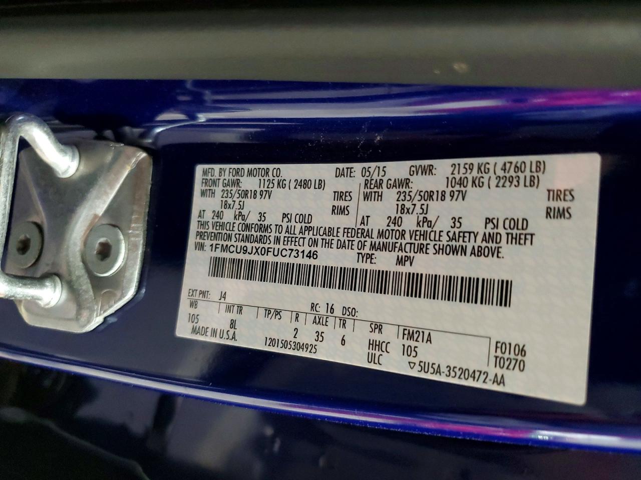 2015 Ford Escape Titanium Синий vin: 1FMCU9JX0FUC73146