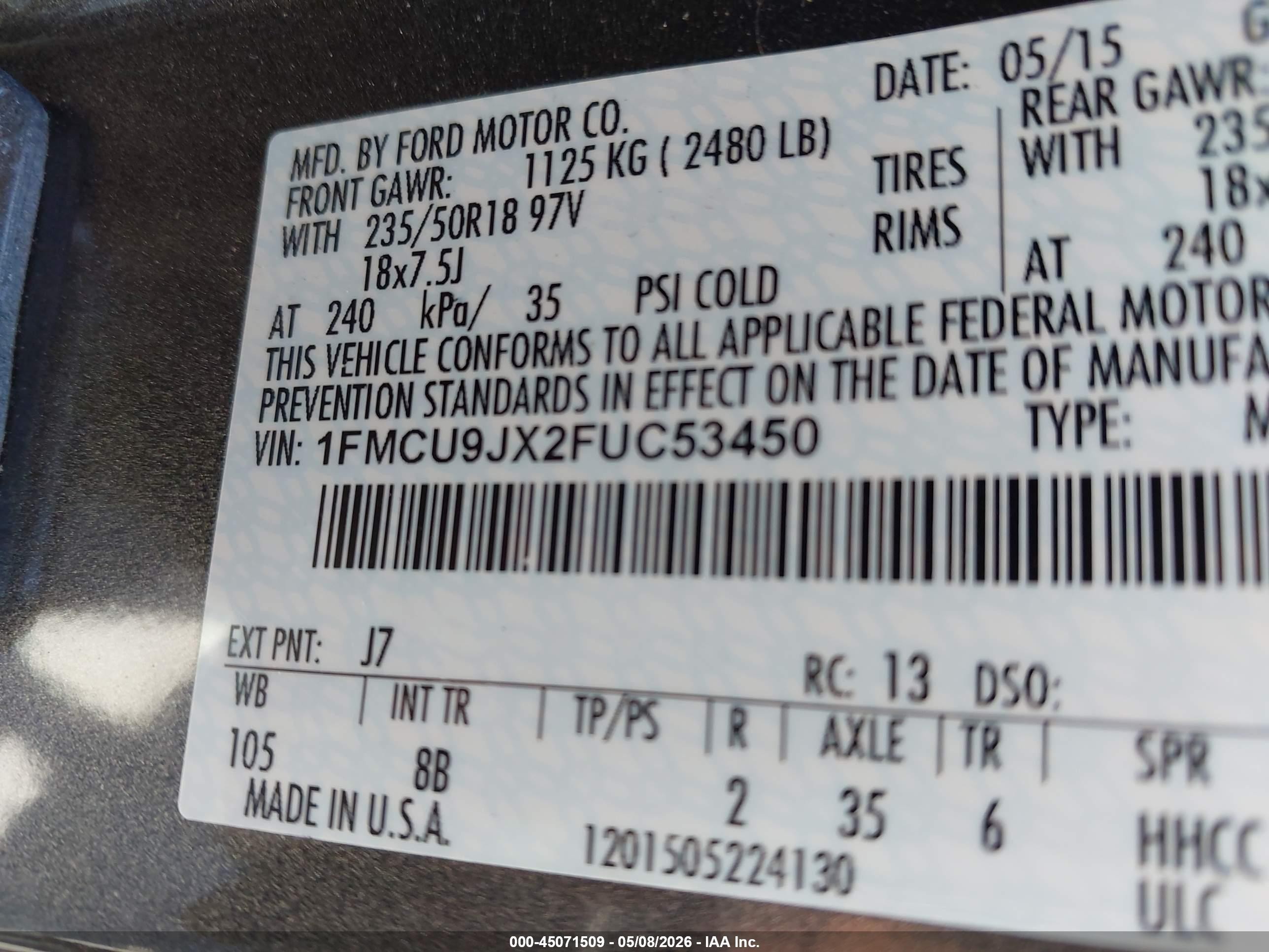 2015 Ford Escape Titanium Серый vin: 1FMCU9JX2FUC53450