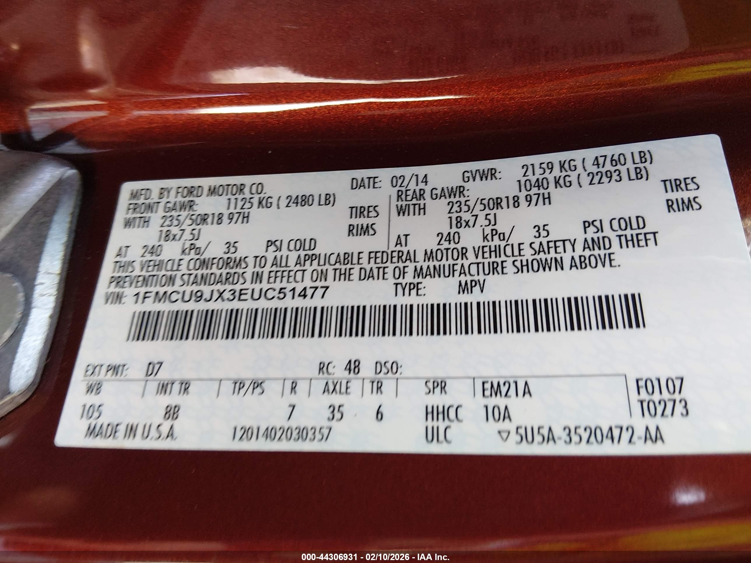 2014 Ford Escape Titanium Maroon vin: 1FMCU9JX3EUC51477