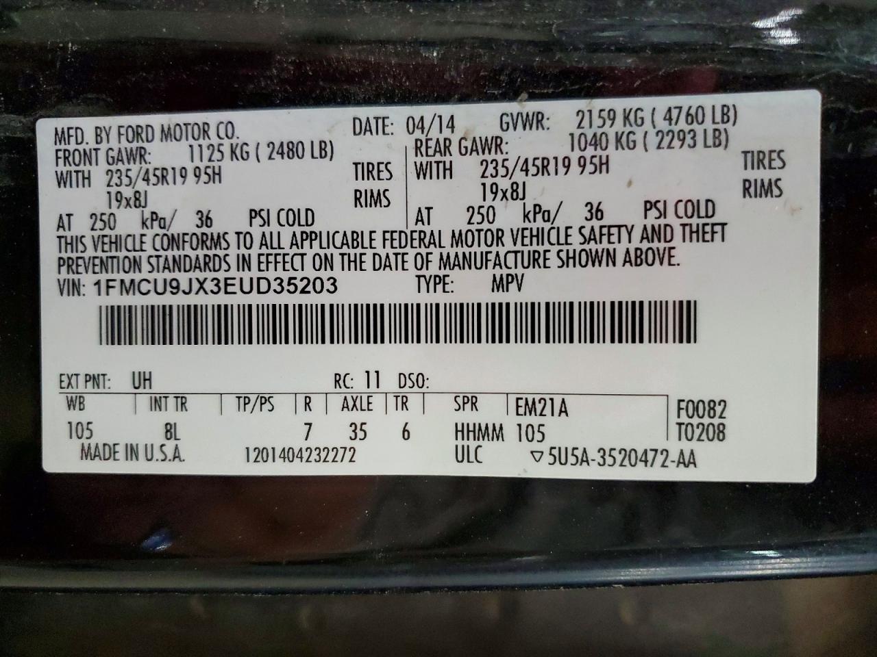 2014 Ford Escape Titanium Charcoal vin: 1FMCU9JX3EUD35203