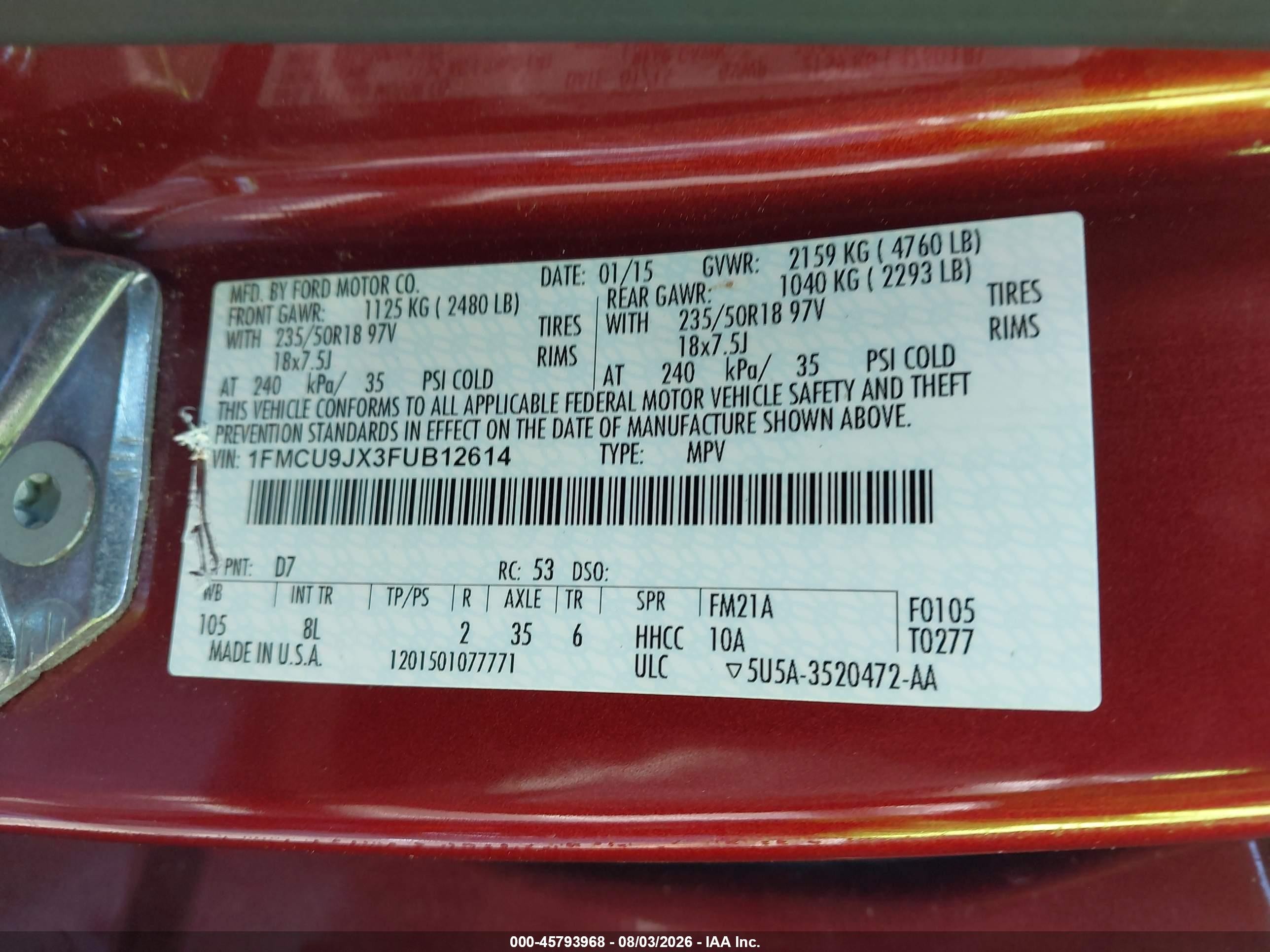 2015 Ford Escape Titanium Red vin: 1FMCU9JX3FUB12614