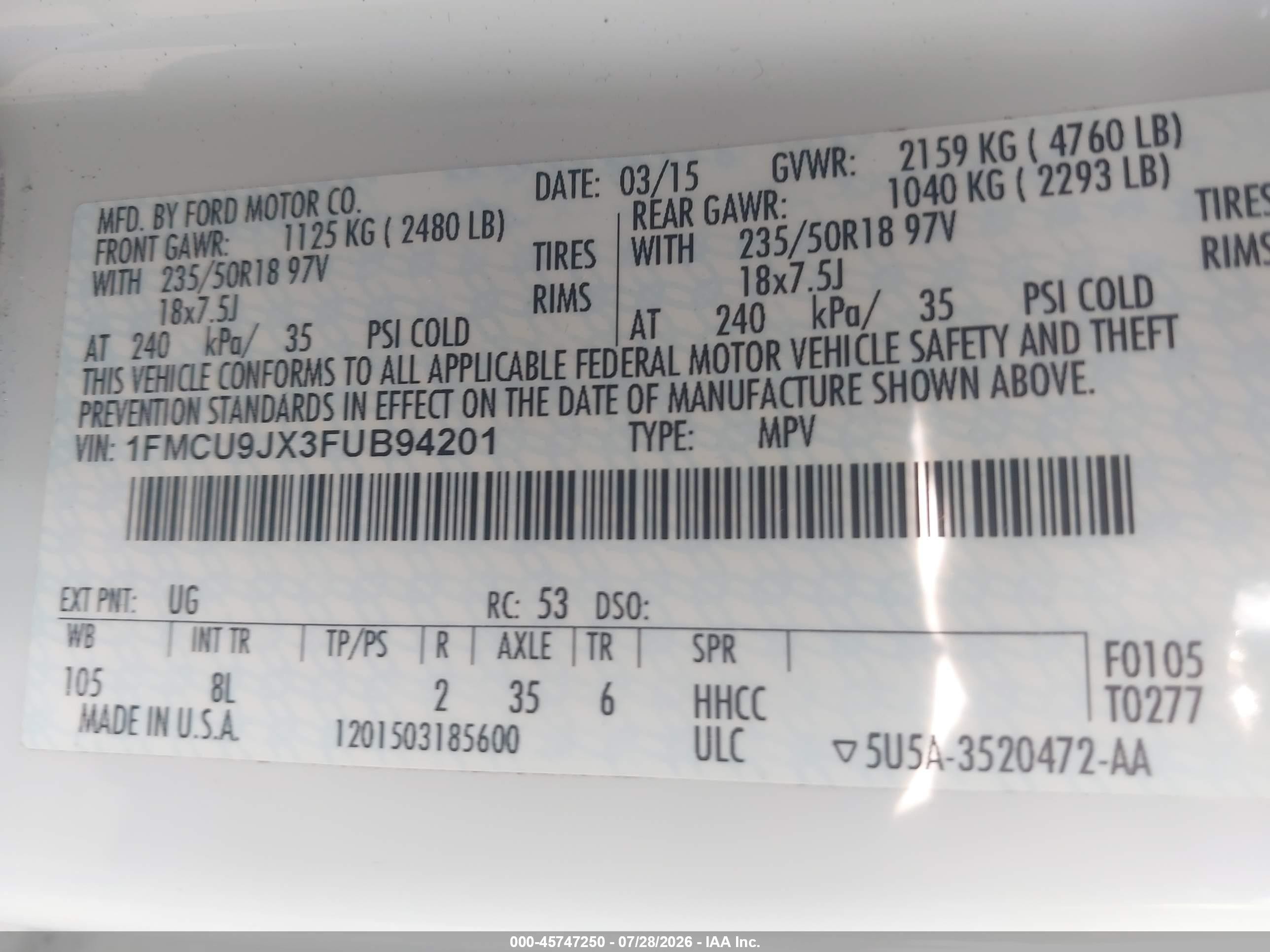 2015 Ford Escape Titanium Белый vin: 1FMCU9JX3FUB94201
