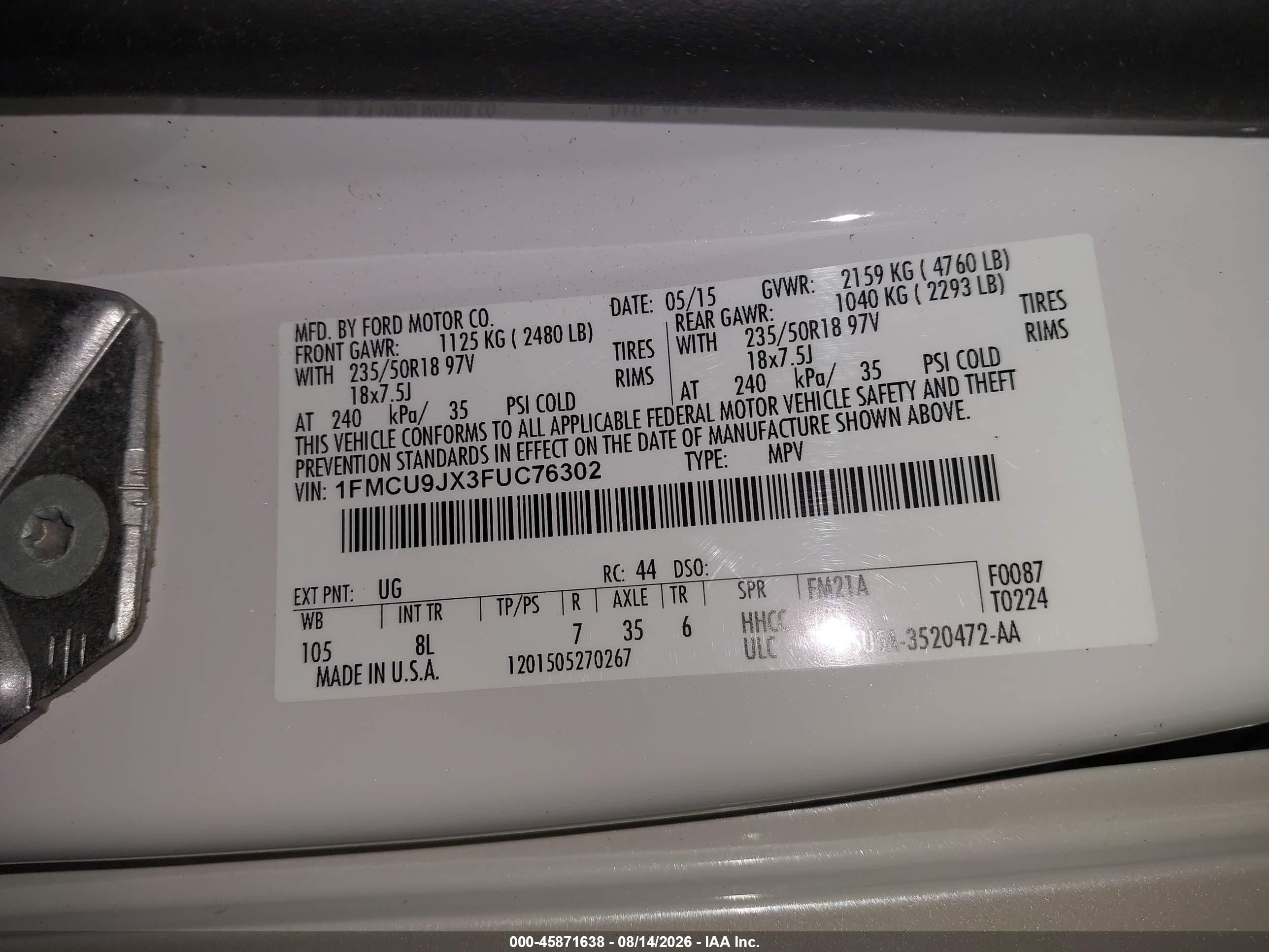 2015 Ford Escape Titanium White vin: 1FMCU9JX3FUC76302