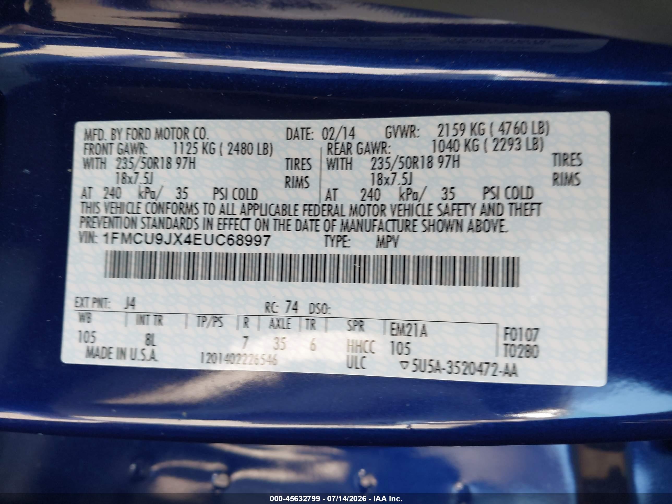 2014 Ford Escape Titanium Blue vin: 1FMCU9JX4EUC68997