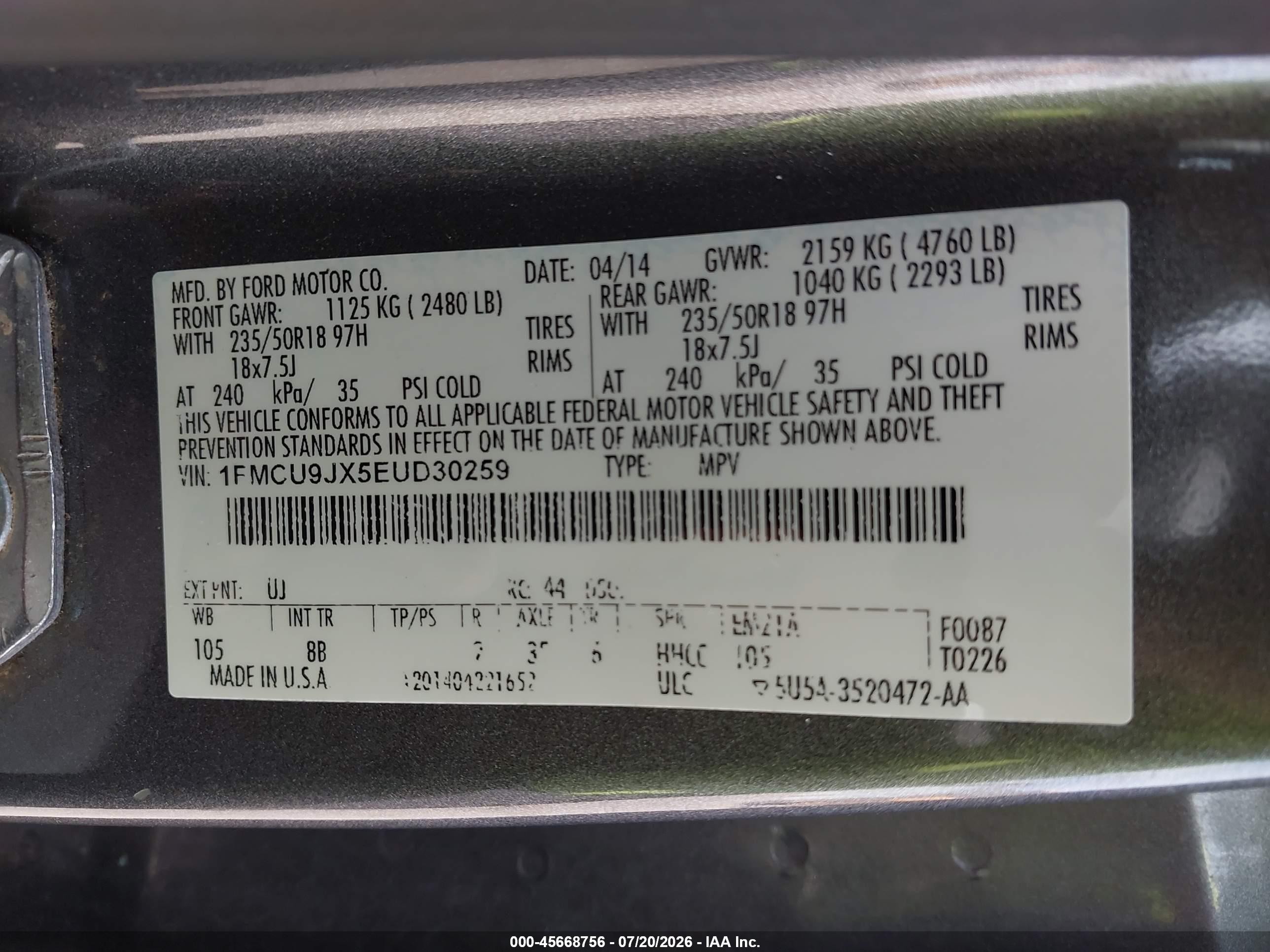 2014 Ford Escape Titanium Gray vin: 1FMCU9JX5EUD30259