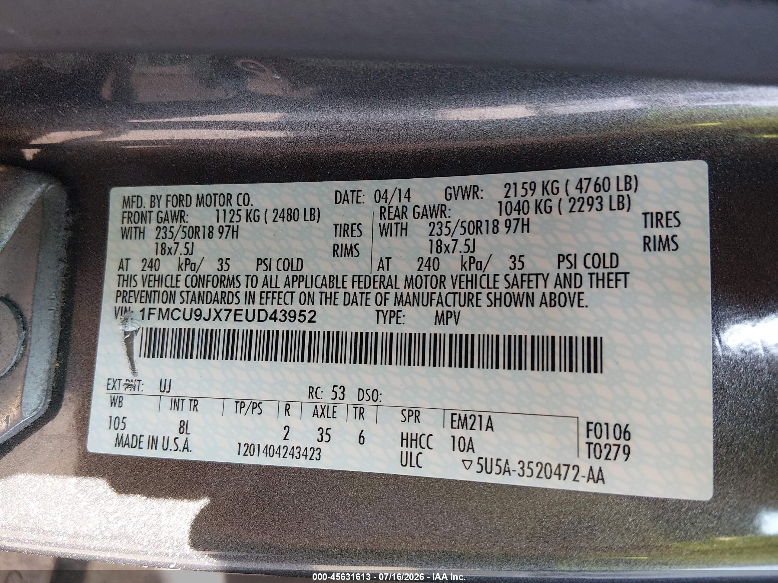 2014 Ford Escape Titanium Gray vin: 1FMCU9JX7EUD43952