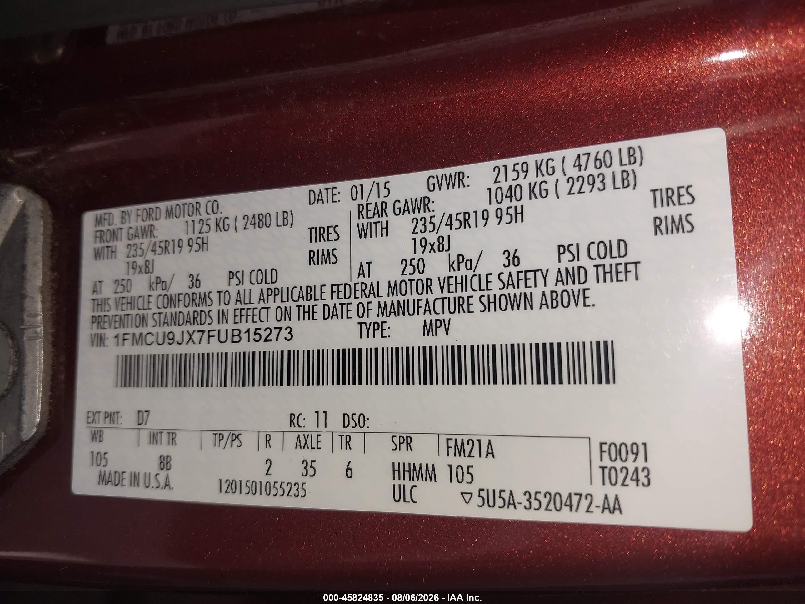 2015 Ford Escape Titanium Orange vin: 1FMCU9JX7FUB15273
