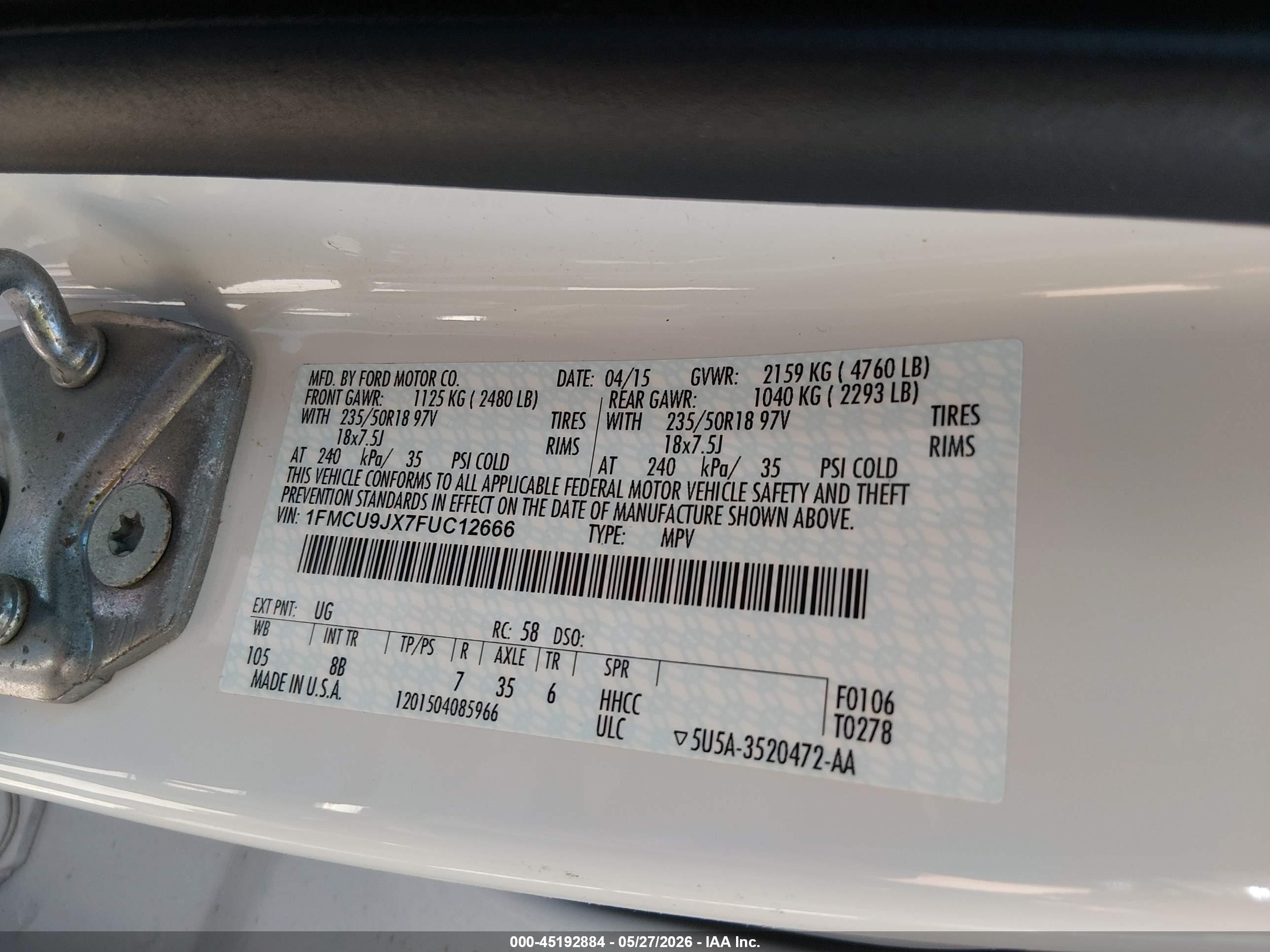 2015 Ford Escape Titanium White vin: 1FMCU9JX7FUC12666