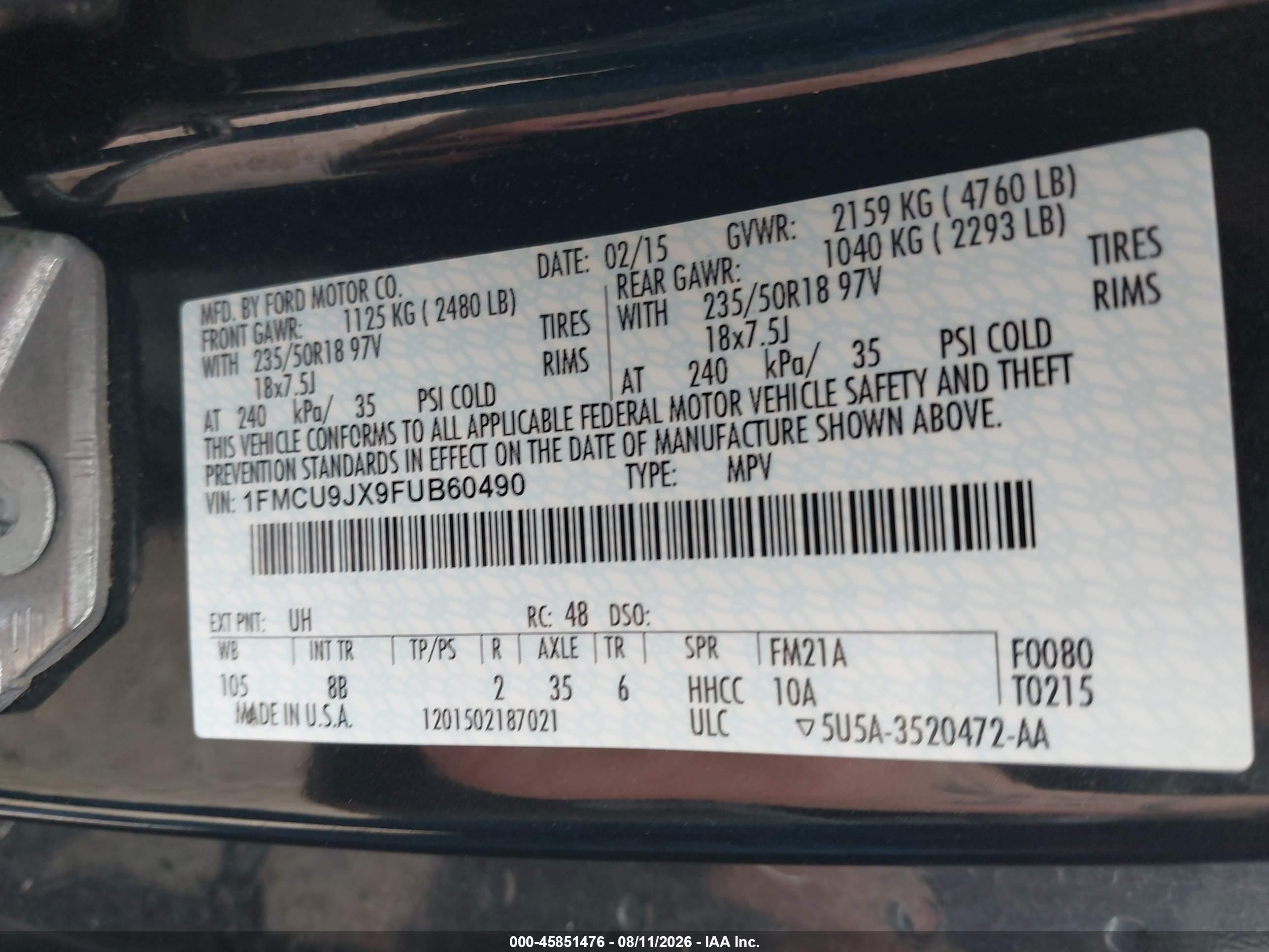 2015 Ford Escape Titanium Black vin: 1FMCU9JX9FUB60490