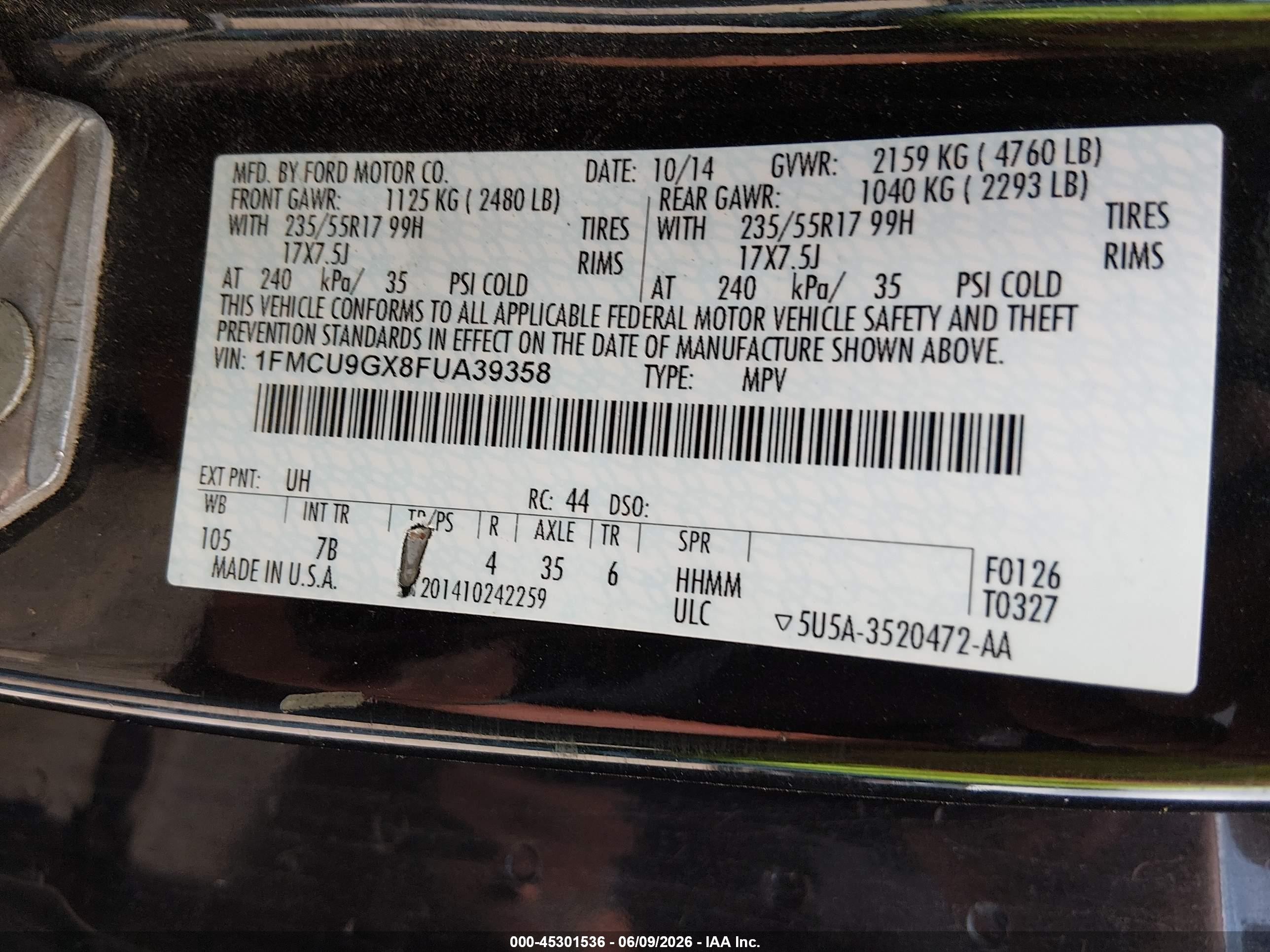 2015 Ford Escape Black vin: 1FMCV9GX8FUA39358