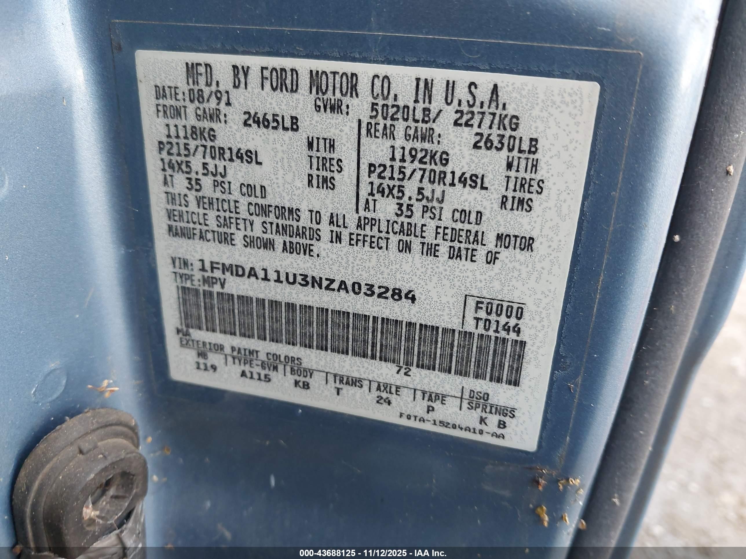 1992 Ford Aerostar   Blue vin: 1FMDA11U3NZA03284