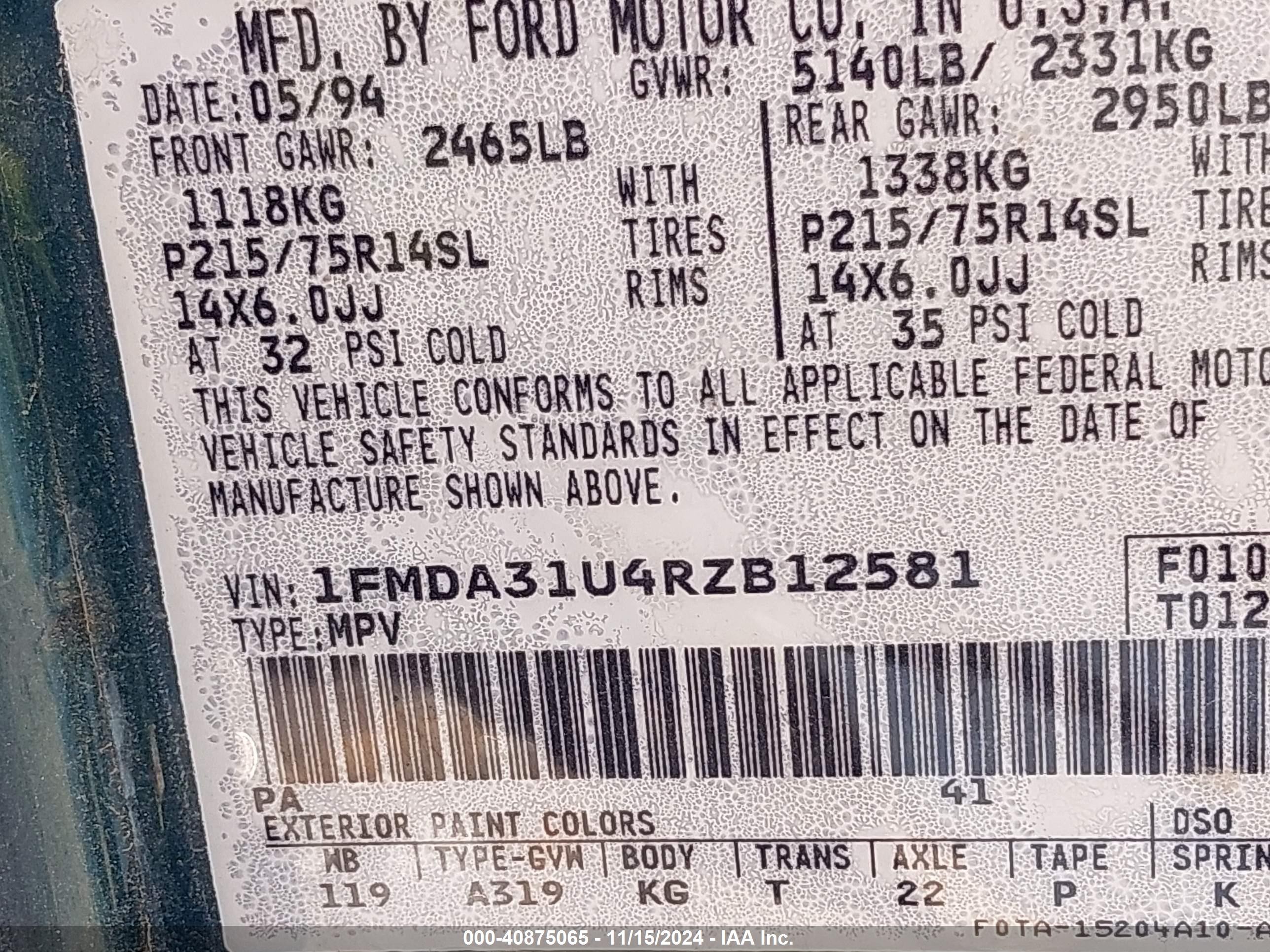 1994 Ford Aerostar   Green vin: 1FMDA31U4RZB12581