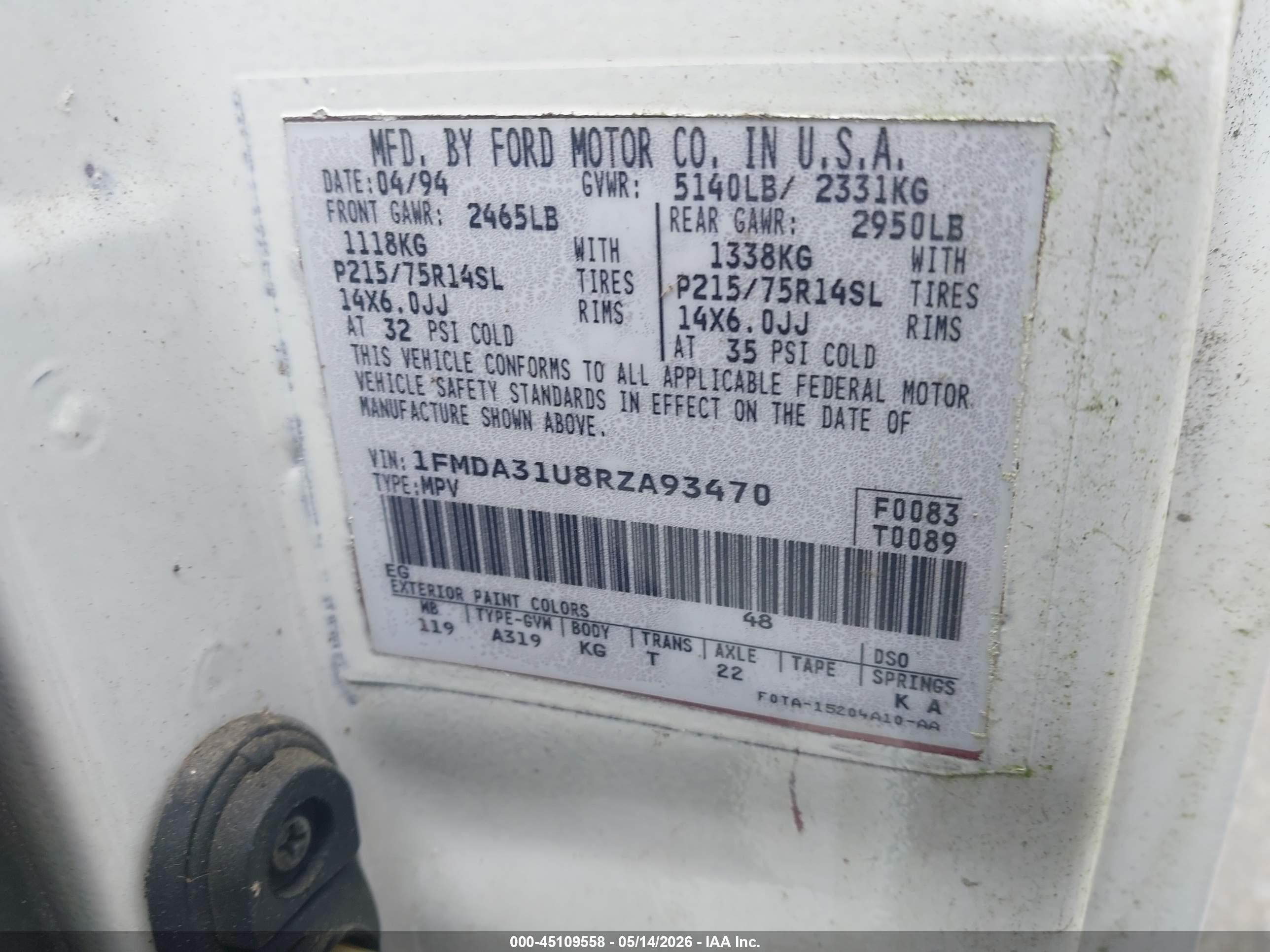 1994 Ford Aerostar   White vin: 1FMDA31U8RZA93470