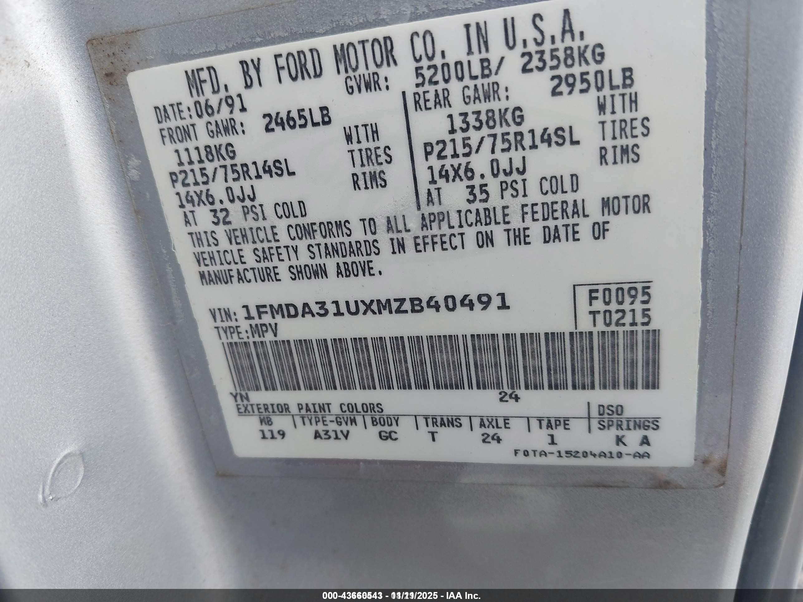 1991 Ford Aerostar   Silver vin: 1FMDA31UXMZB40491