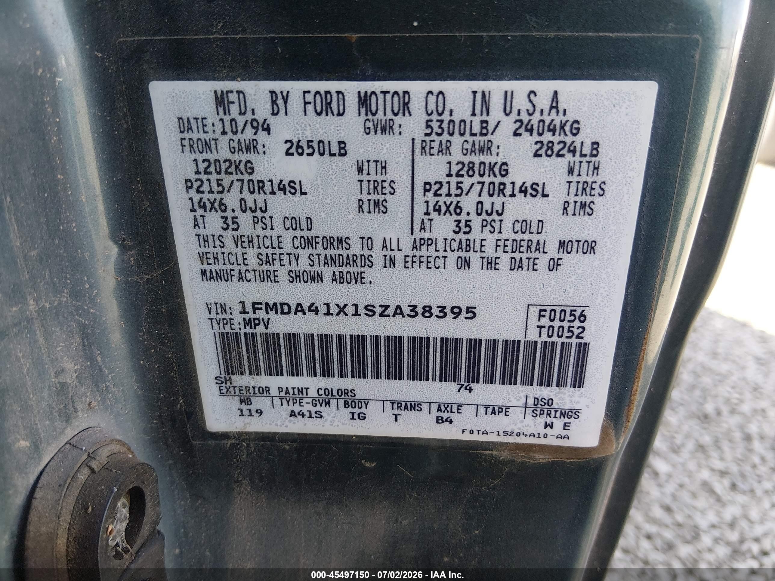 1995 Ford Aerostar   Green vin: 1FMDA41X1SZA38395