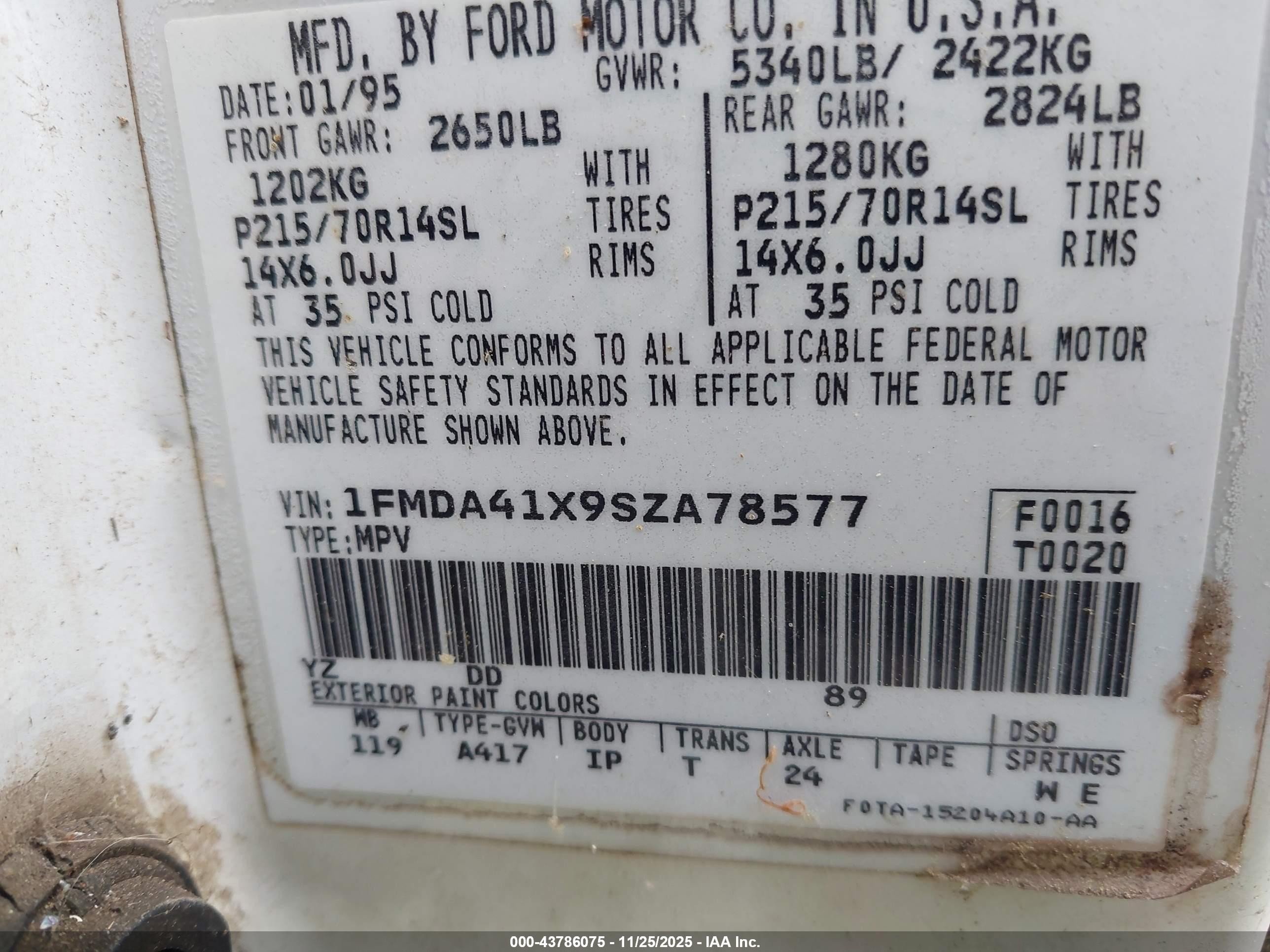 1995 Ford Aerostar   White vin: 1FMDA41X9SZA78577