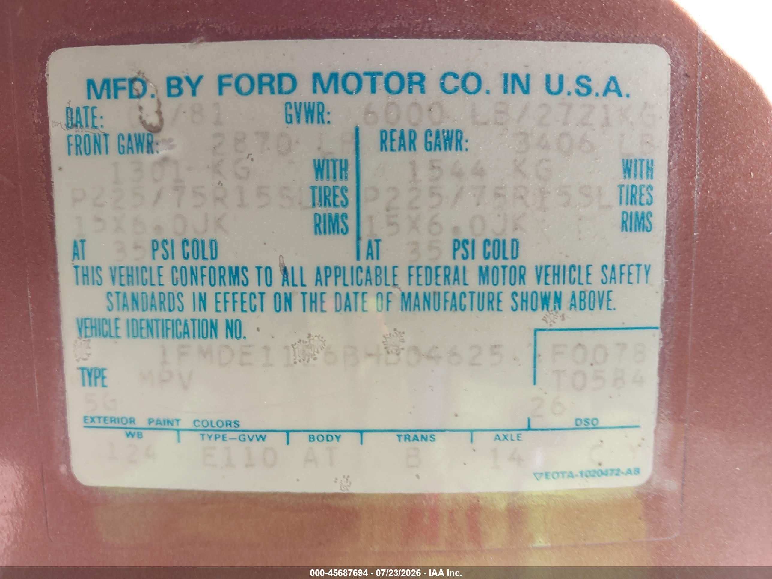 1981 Ford Econoline E150 Orange vin: 1FMDE11E6BHB04625