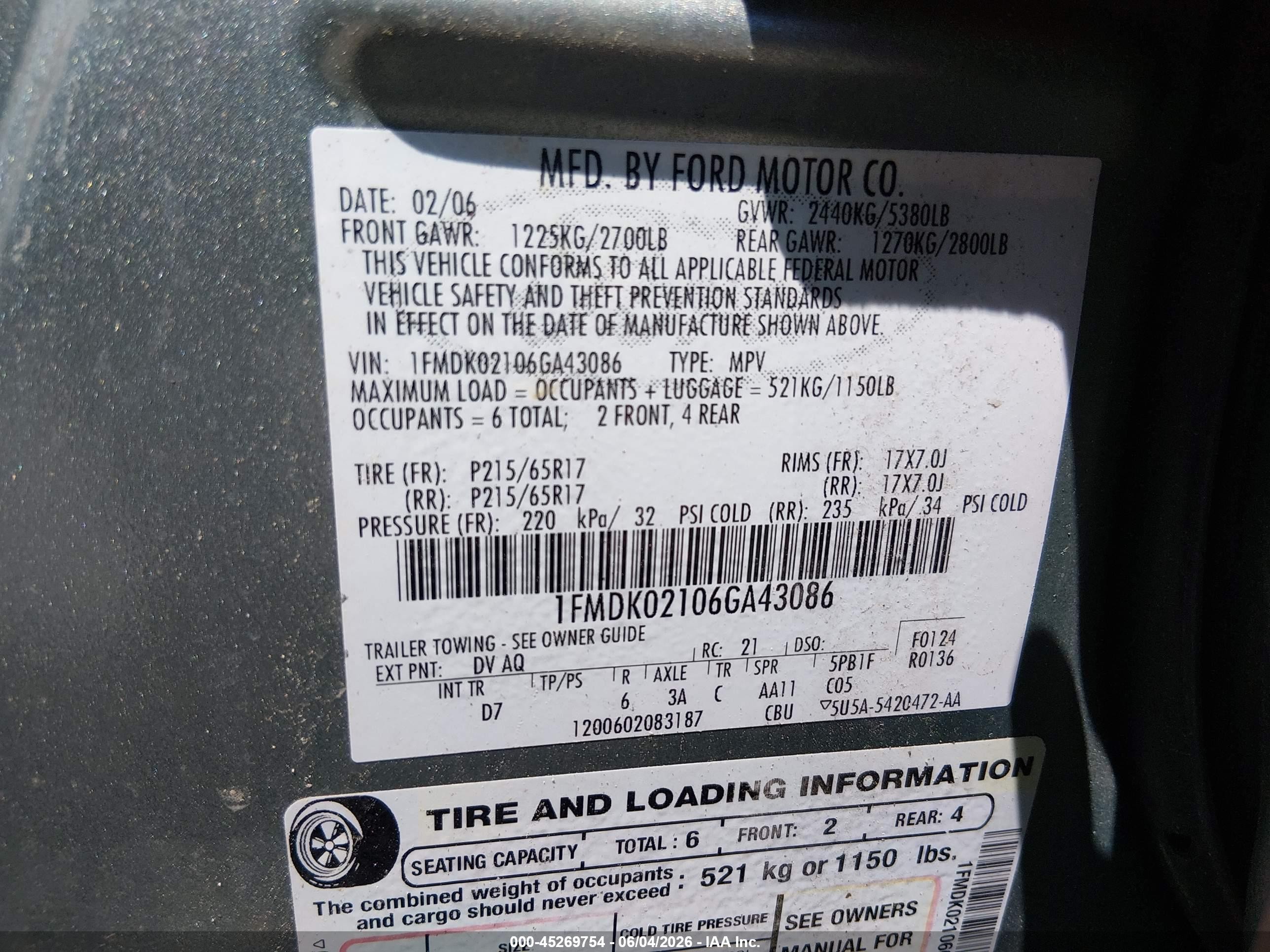 2006 Ford Freestyle Sel Green vin: 1FMDK02106GA43086