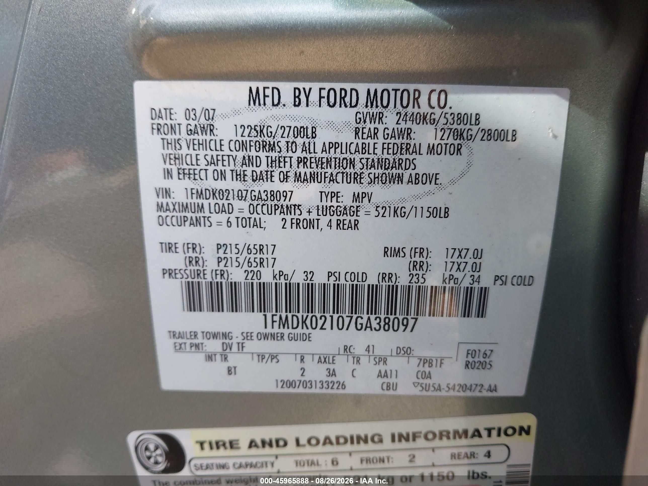 2007 Ford Freestyle Sel Зеленый vin: 1FMDK02107GA38097