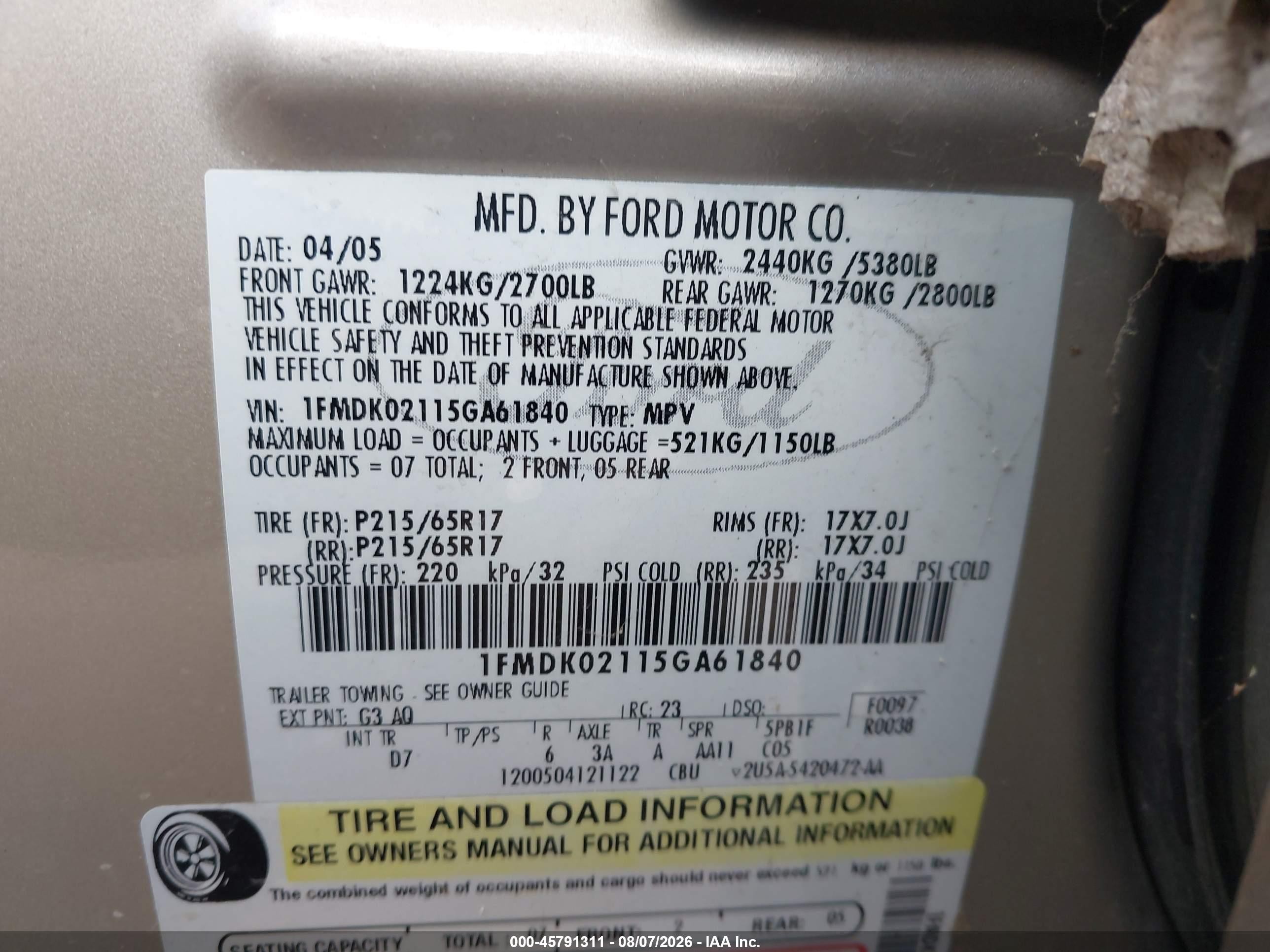 2005 Ford Freestyle Sel Gold vin: 1FMDK02115GA61840