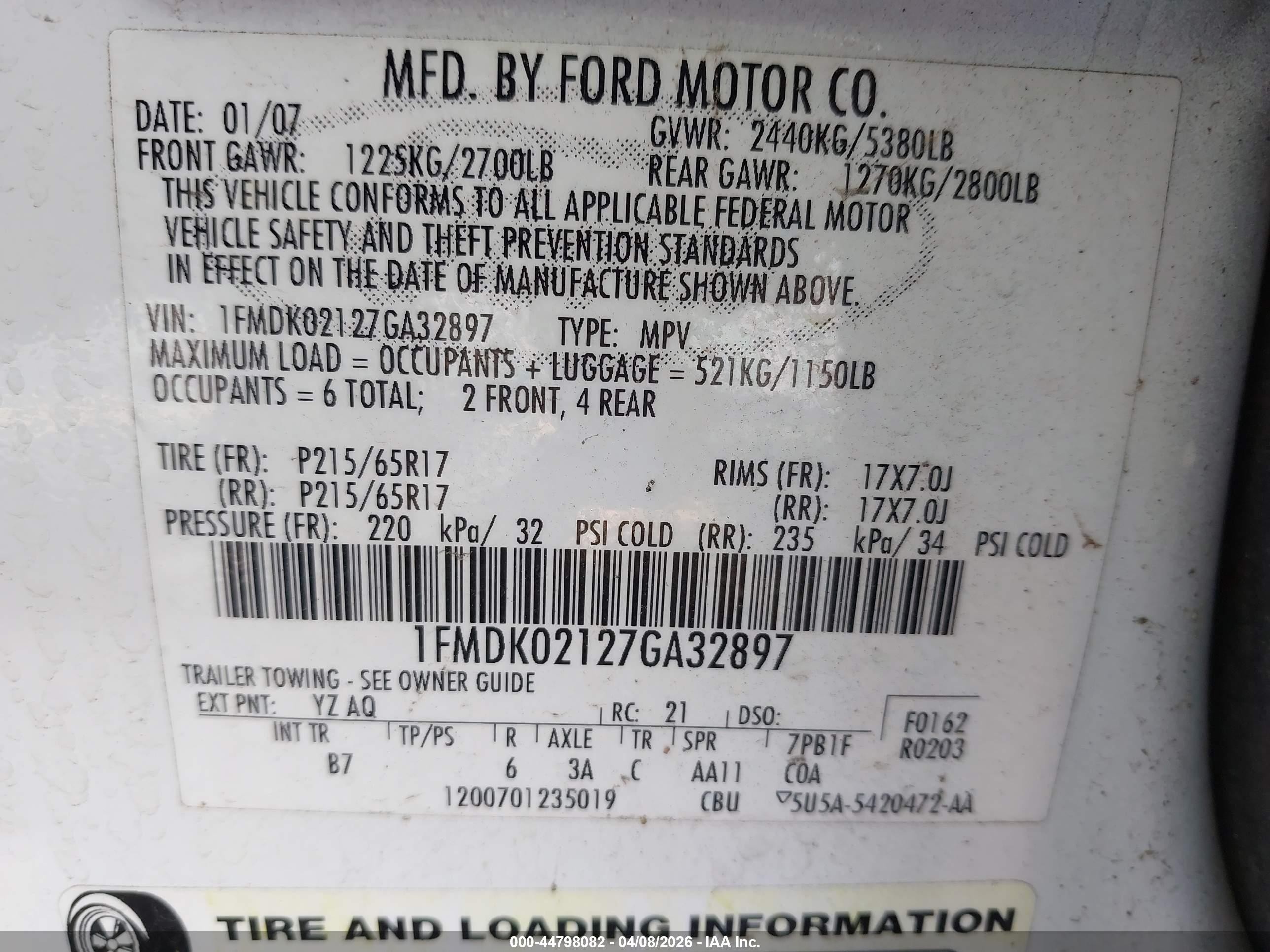 2007 Ford Freestyle Sel White vin: 1FMDK02127GA32897
