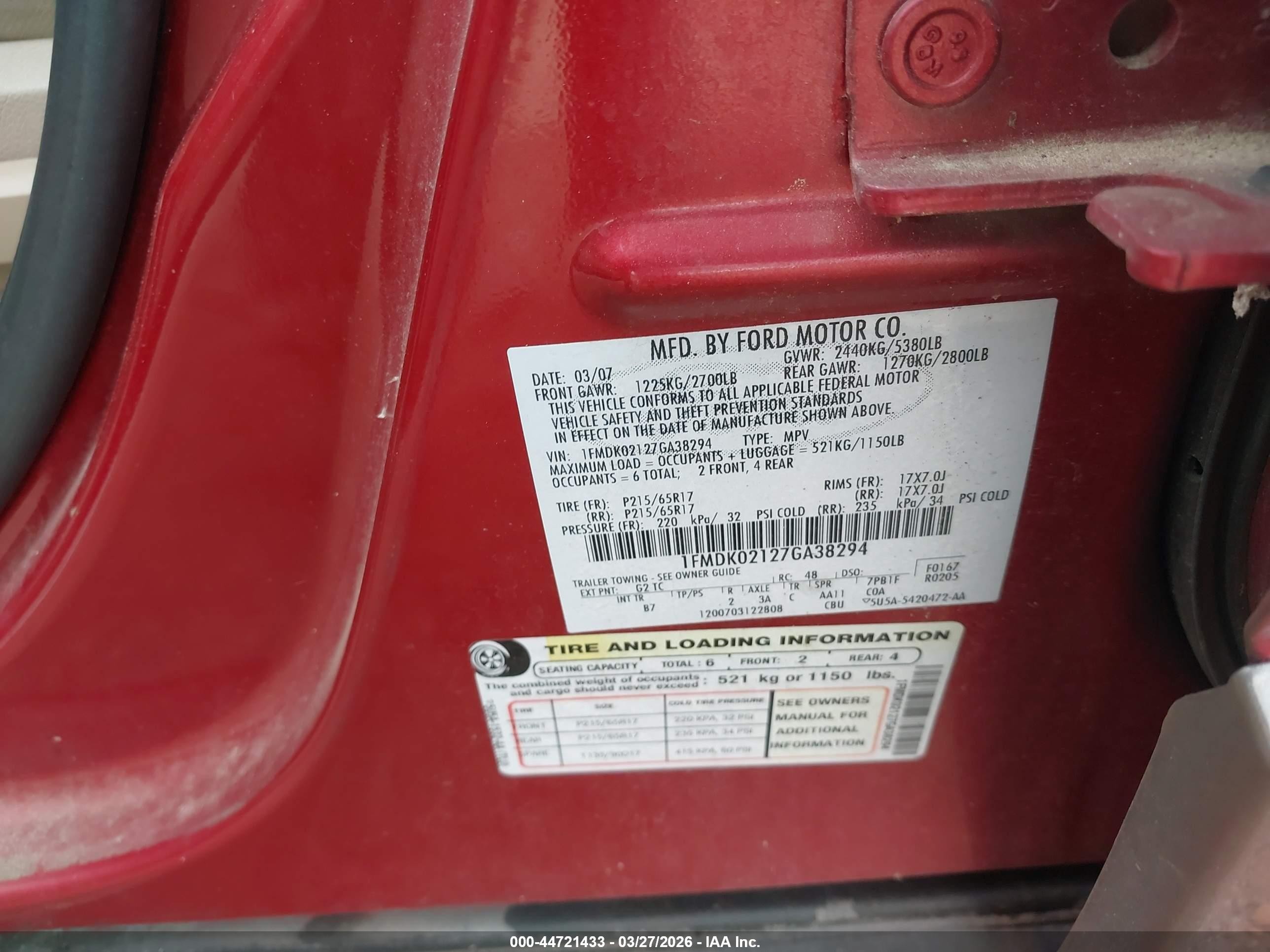 2007 Ford Freestyle Sel Red vin: 1FMDK02127GA38294