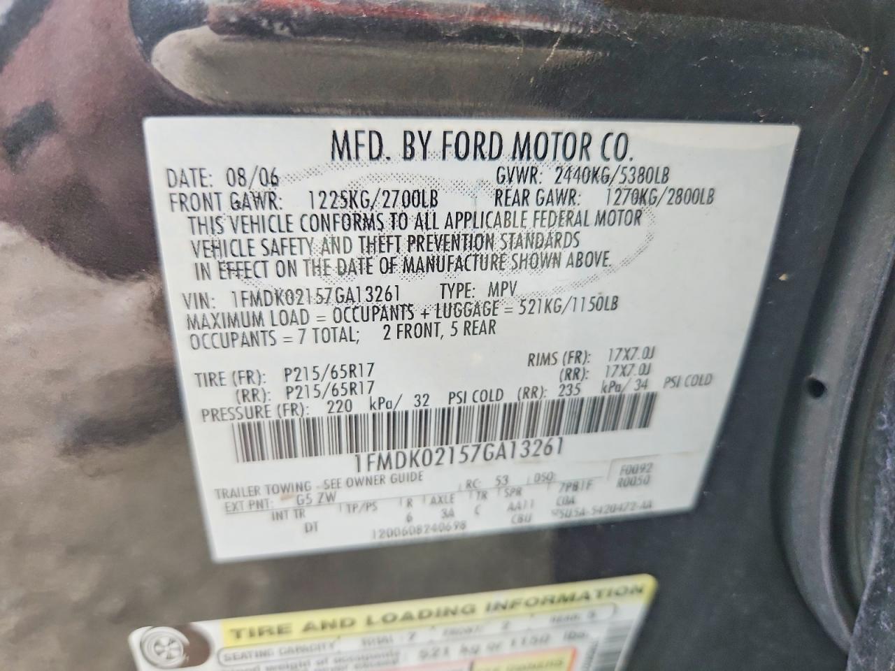 2007 Ford Freestyle Sel Угольный vin: 1FMDK02157GA13261