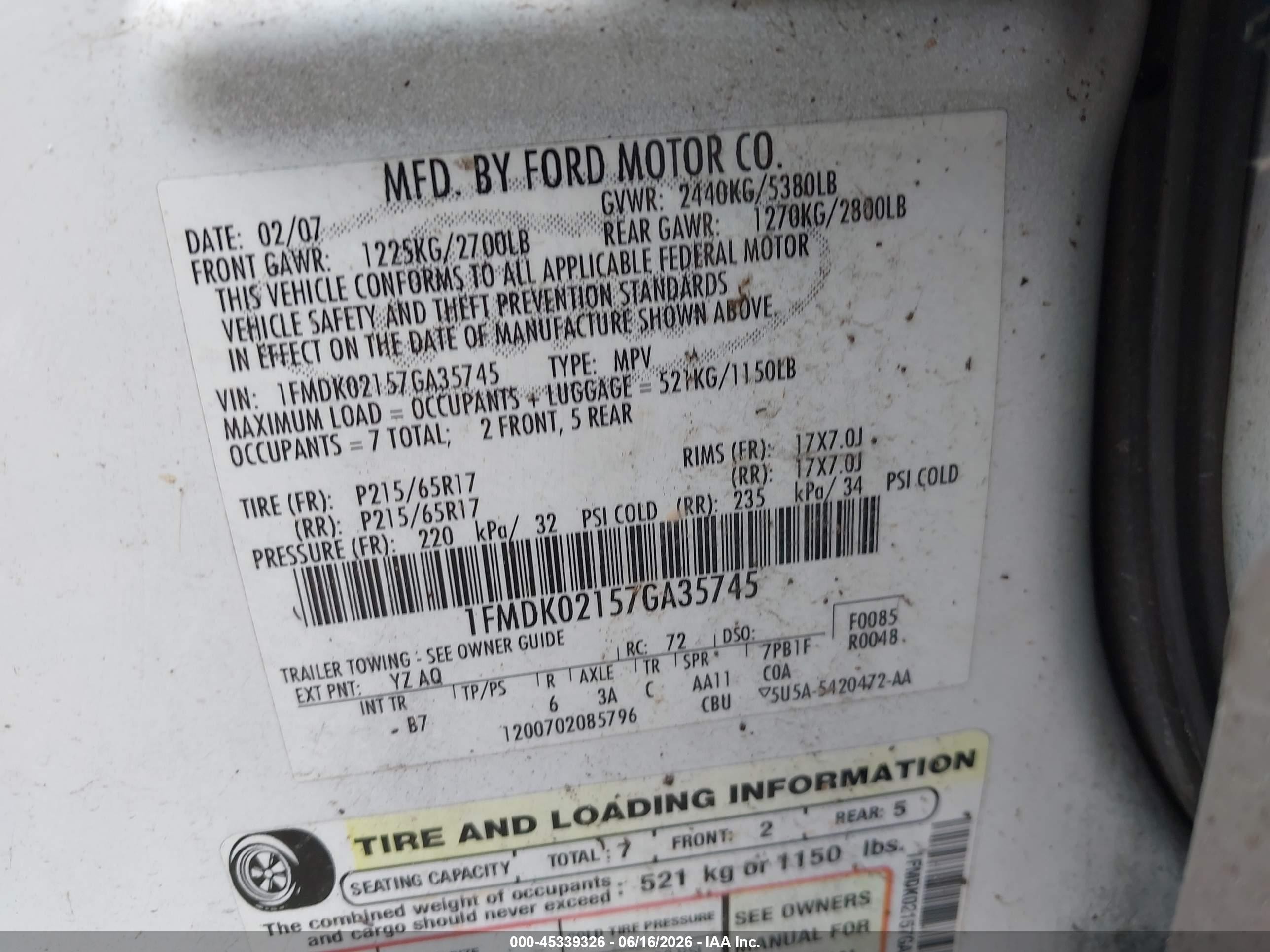 2007 Ford Freestyle Sel White vin: 1FMDK02157GA35745
