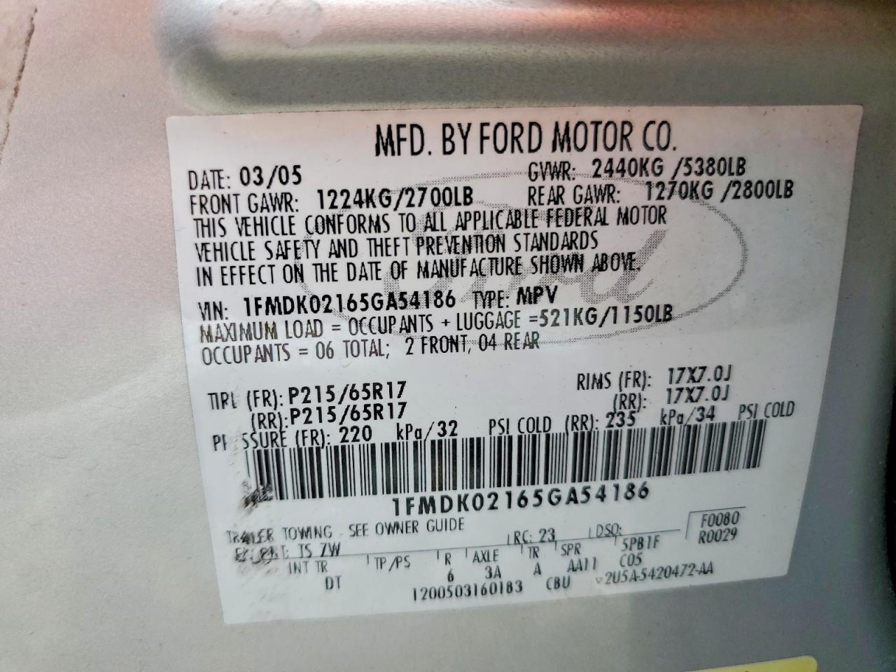 2005 Ford Freestyle Sel Silver vin: 1FMDK02165GA54186