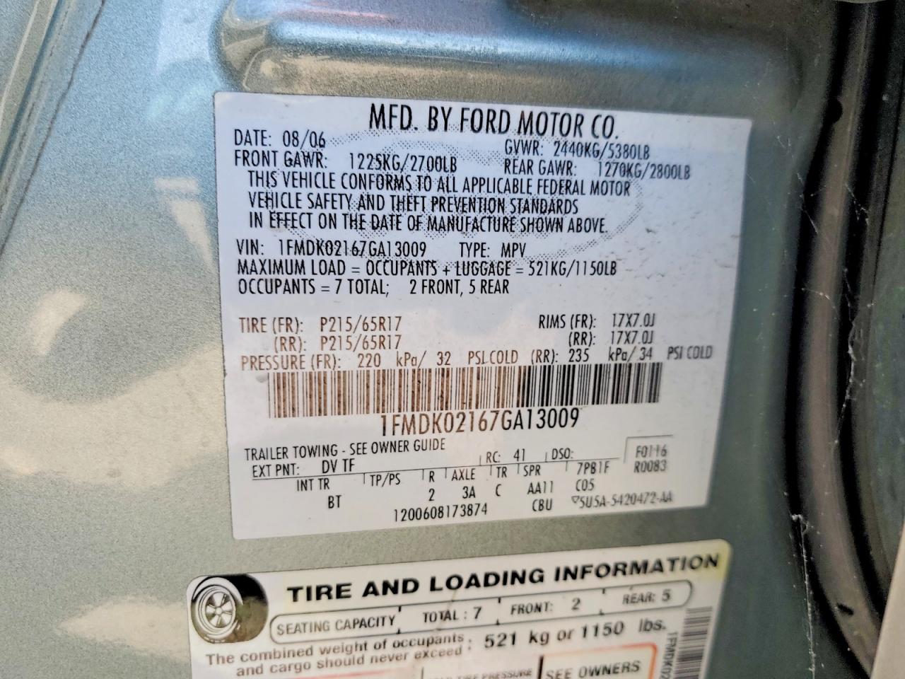 2007 Ford Freestyle Sel Green vin: 1FMDK02167GA13009