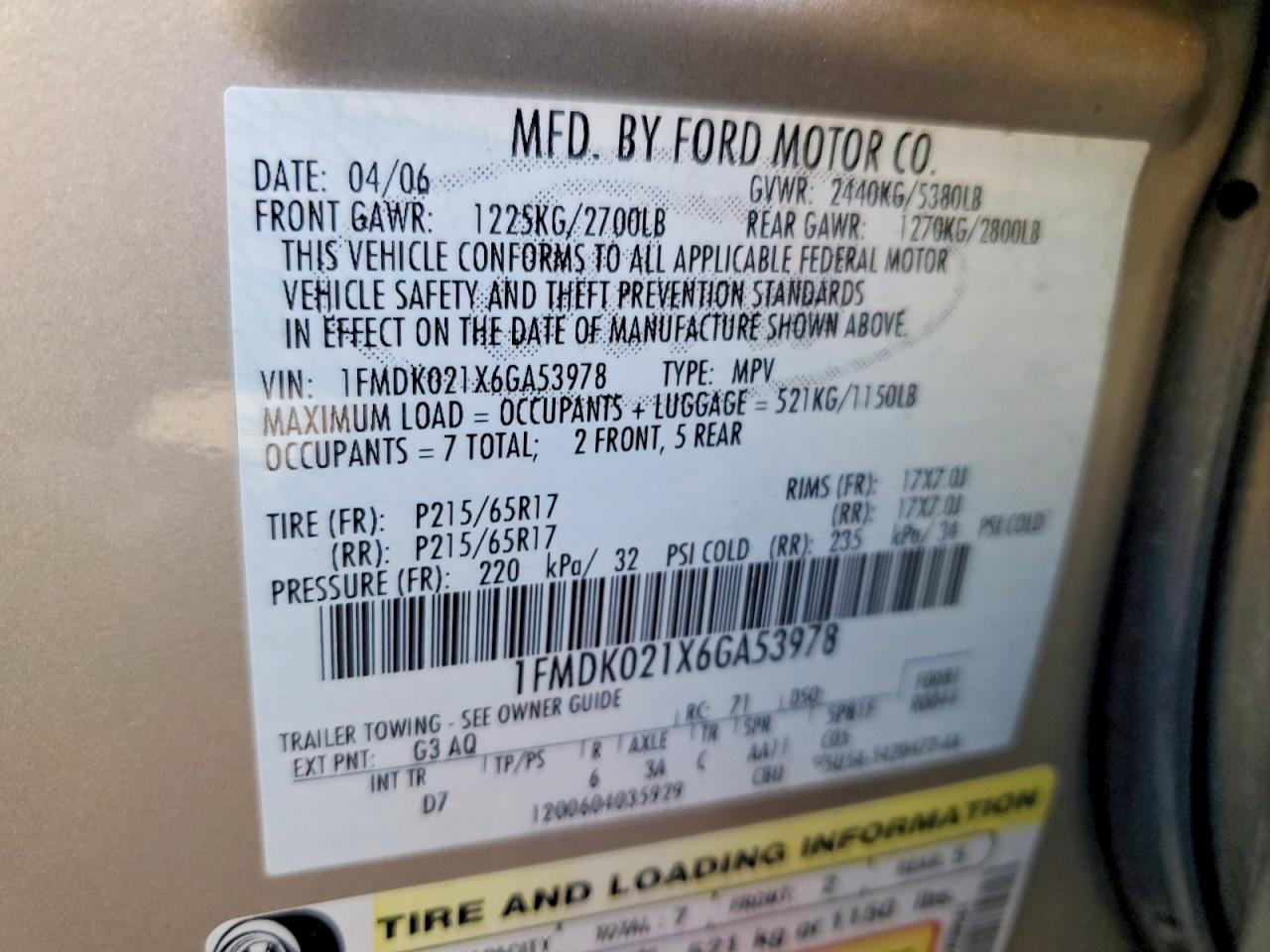2006 Ford Freestyle Sel Tan vin: 1FMDK021X6GA53978