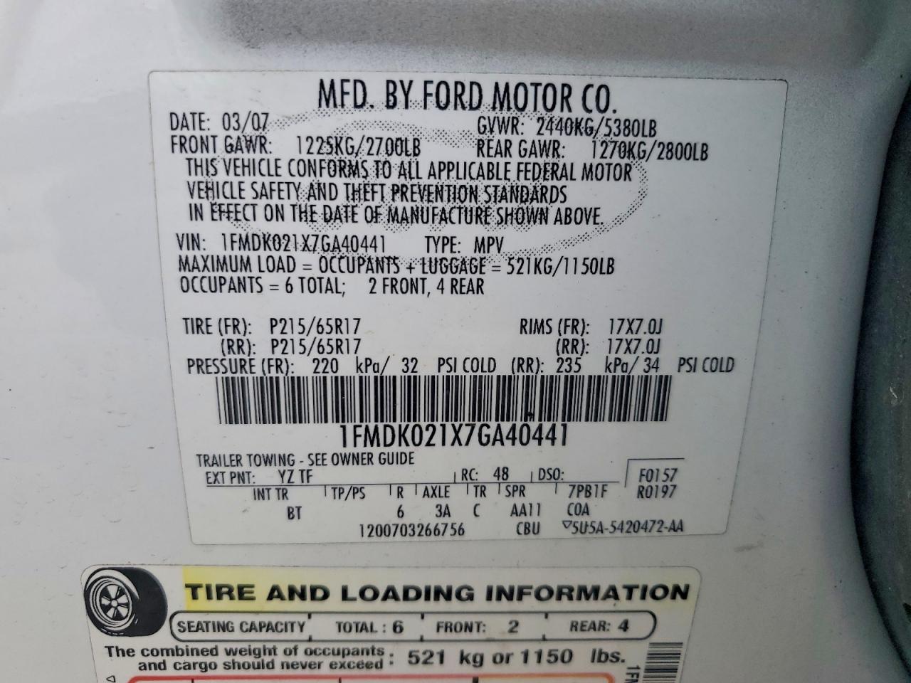 2007 Ford Freestyle Sel White vin: 1FMDK021X7GA40441