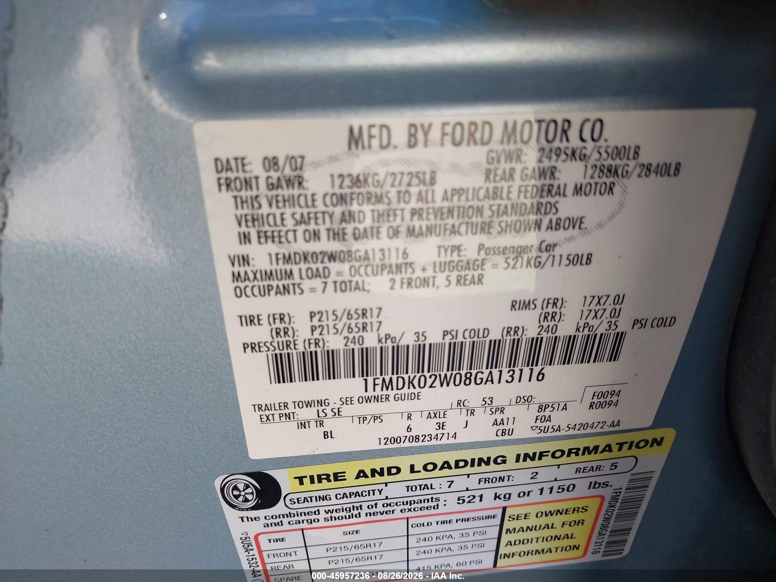 2008 Ford Taurus X Sel Blue vin: 1FMDK02W08GA13116